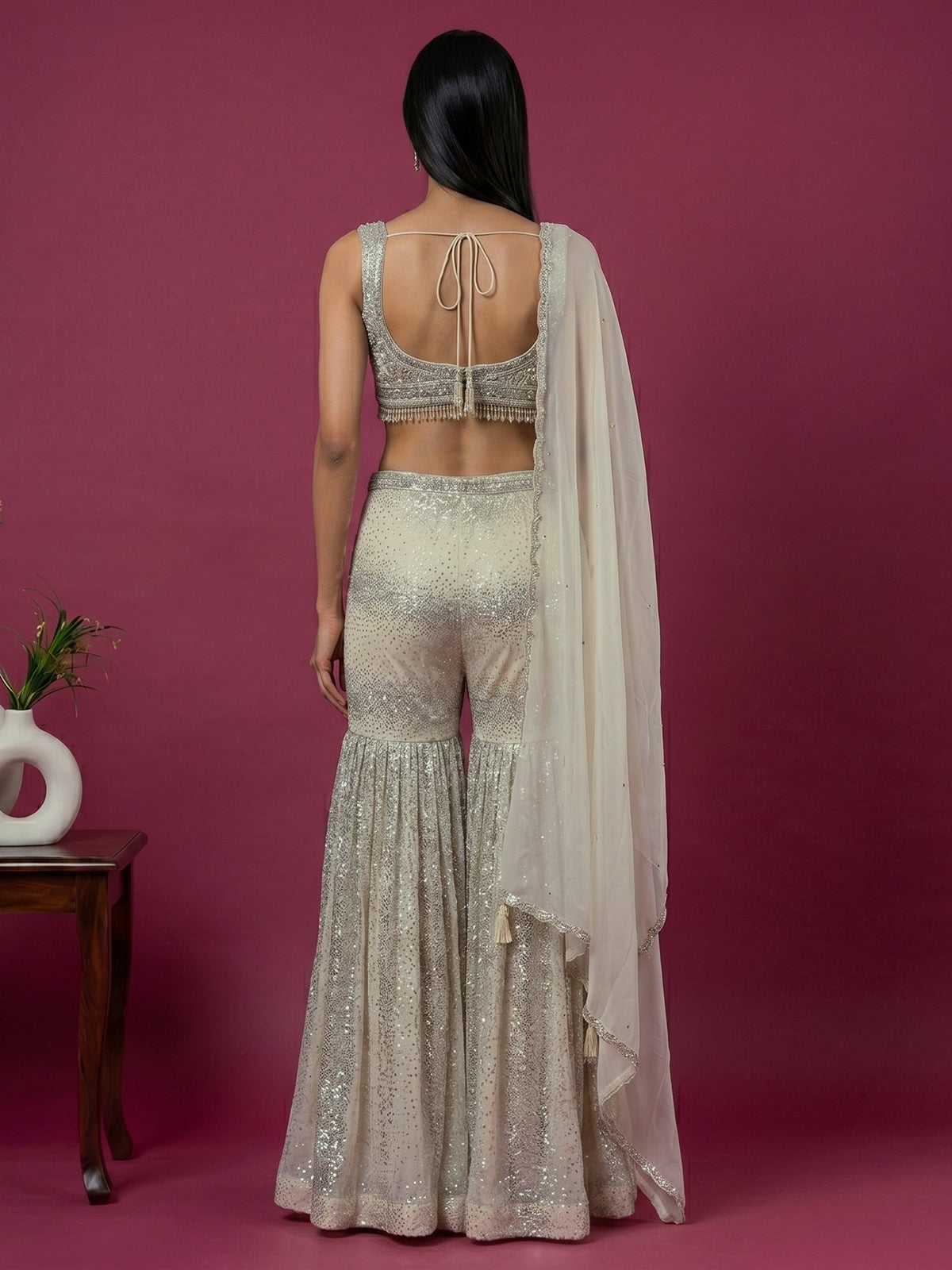 Cream georgette designer sharara suit with dupatta