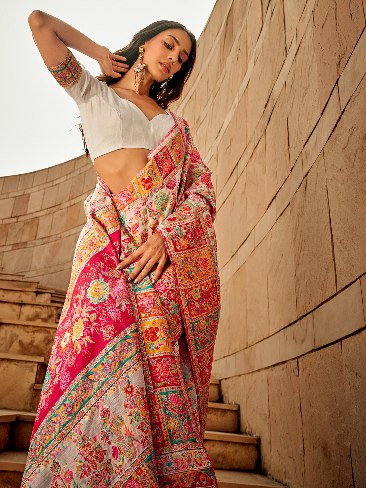 Elegant off white kashmiri woven modal silk saree
