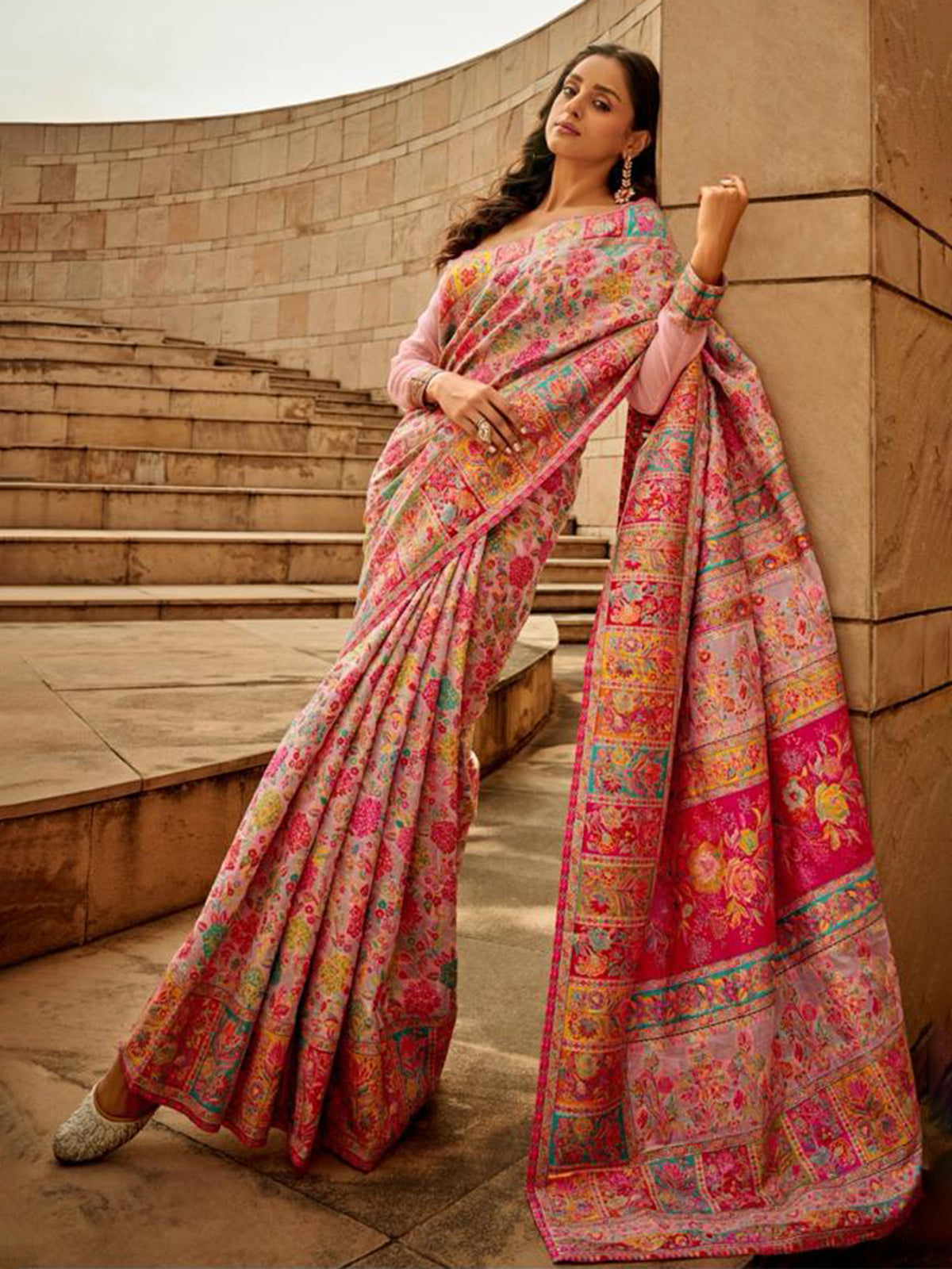 Charming pink kashmiri floral modal silk saree