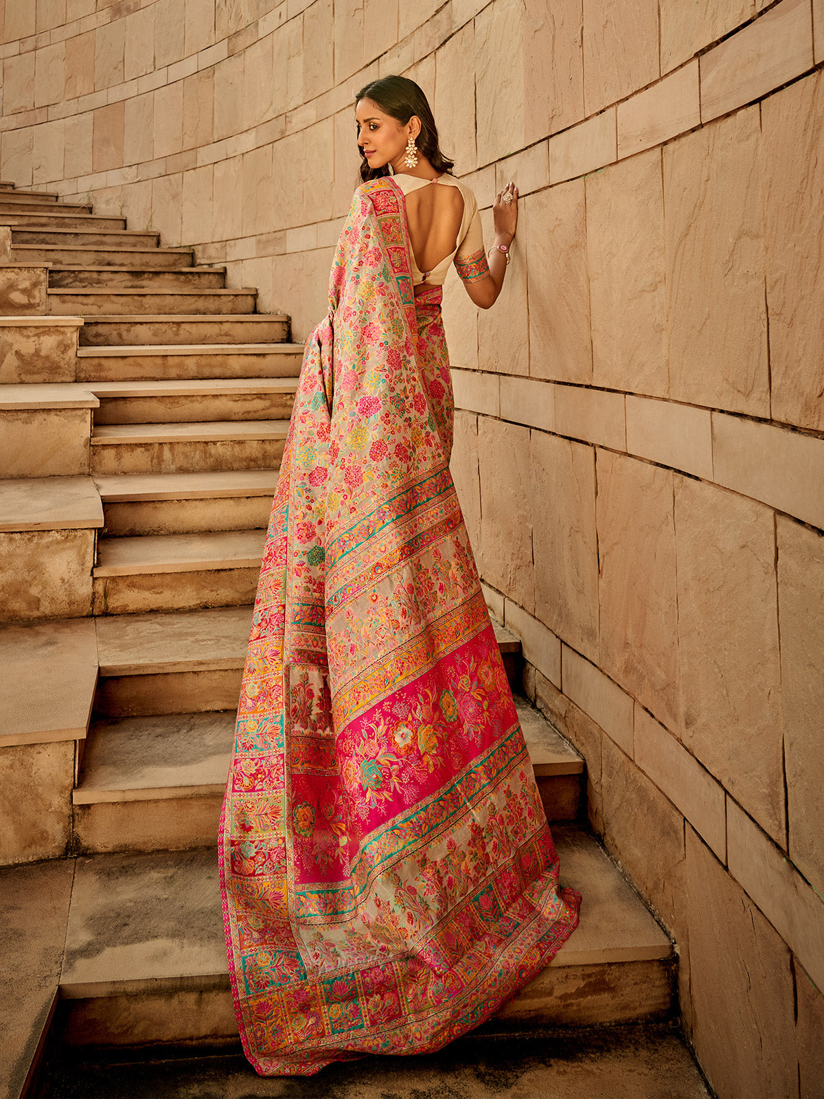 Graceful cream kashmiri hand woven festive saree