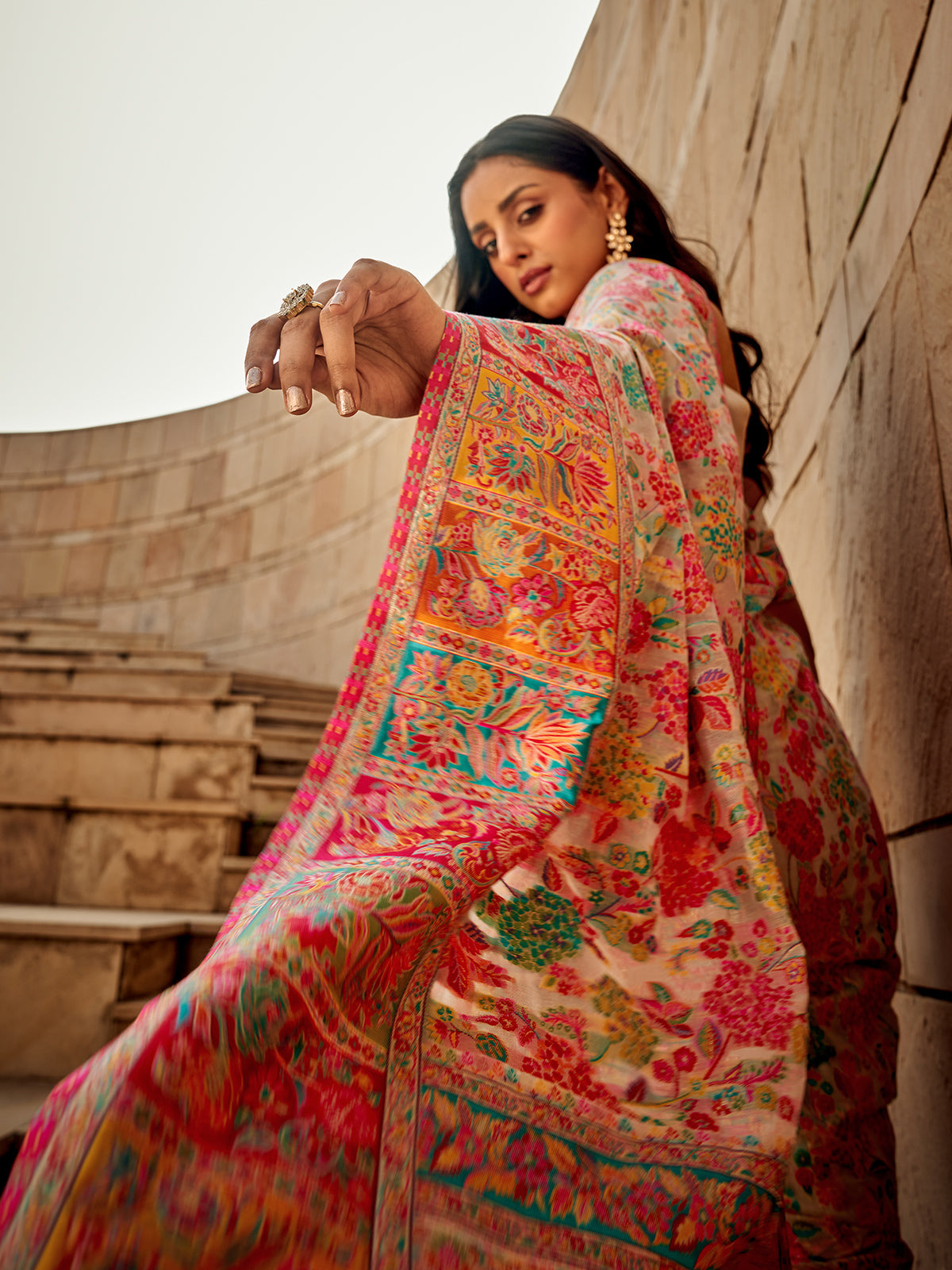 Graceful cream kashmiri hand woven festive saree