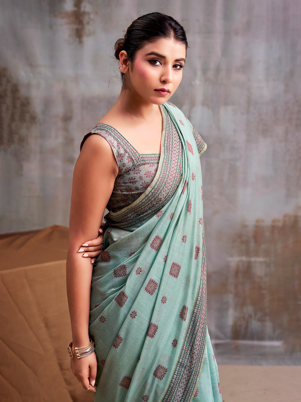 Serene mint blue floral pallu modal cotton saree