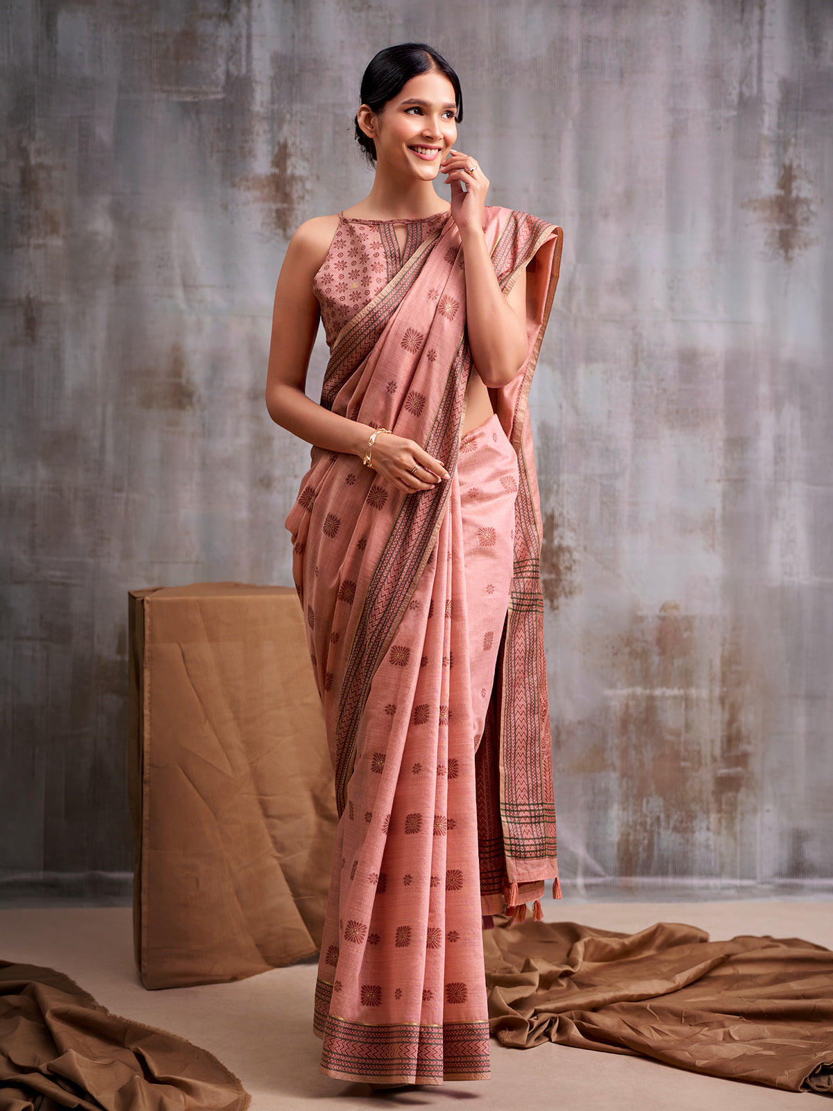 Blush peach heritage print modal cotton saree
