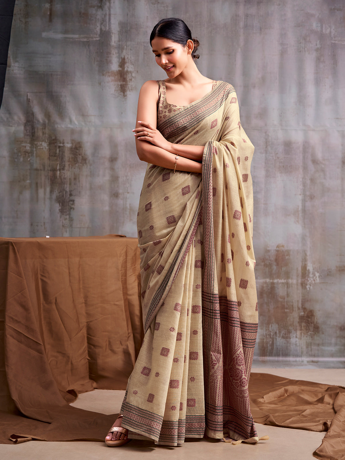 Sand beige handcrafted heritage modal cotton saree