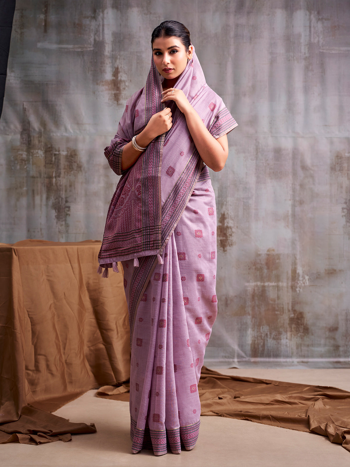 Royal purple folk art modal cotton saree