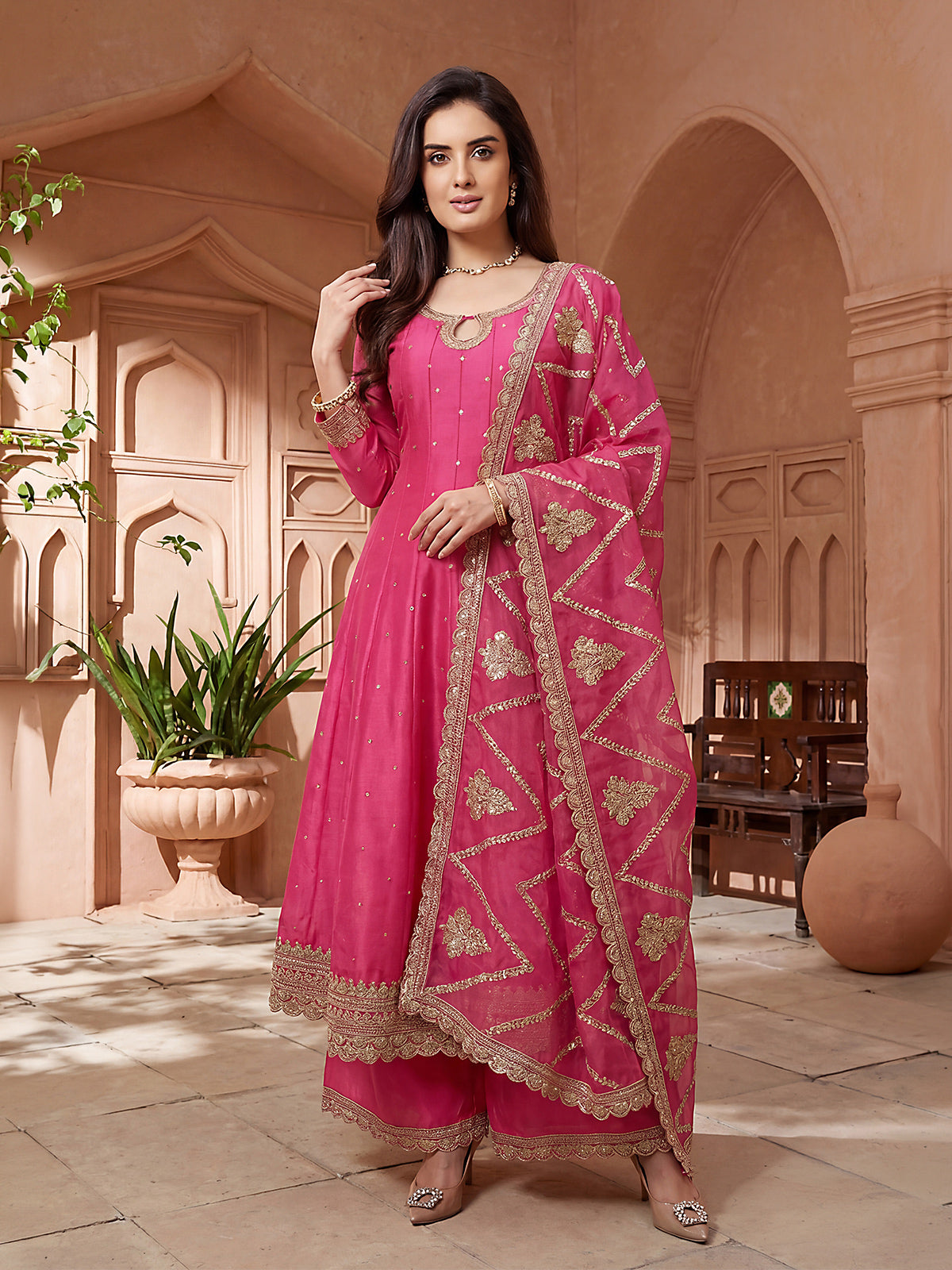 Pink chinon silk embroidered sangeet anarkali suit