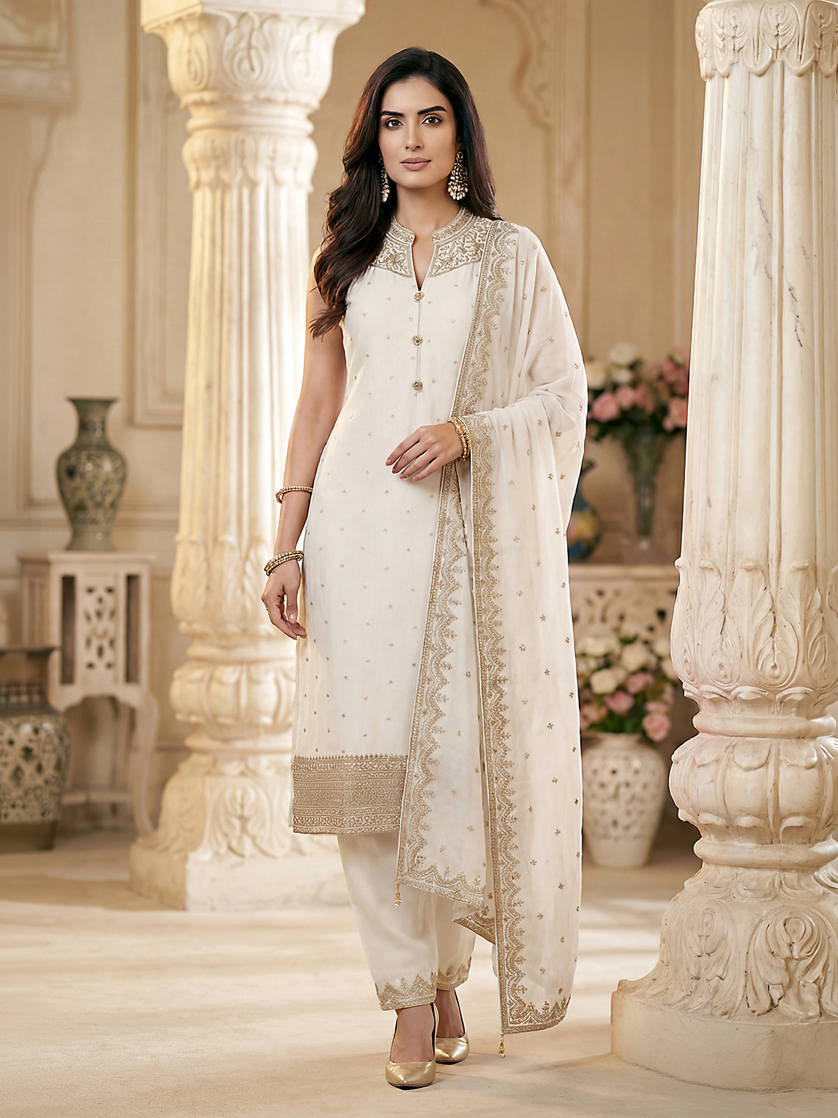 Royal off white embroidered chanderi silk salwar suit