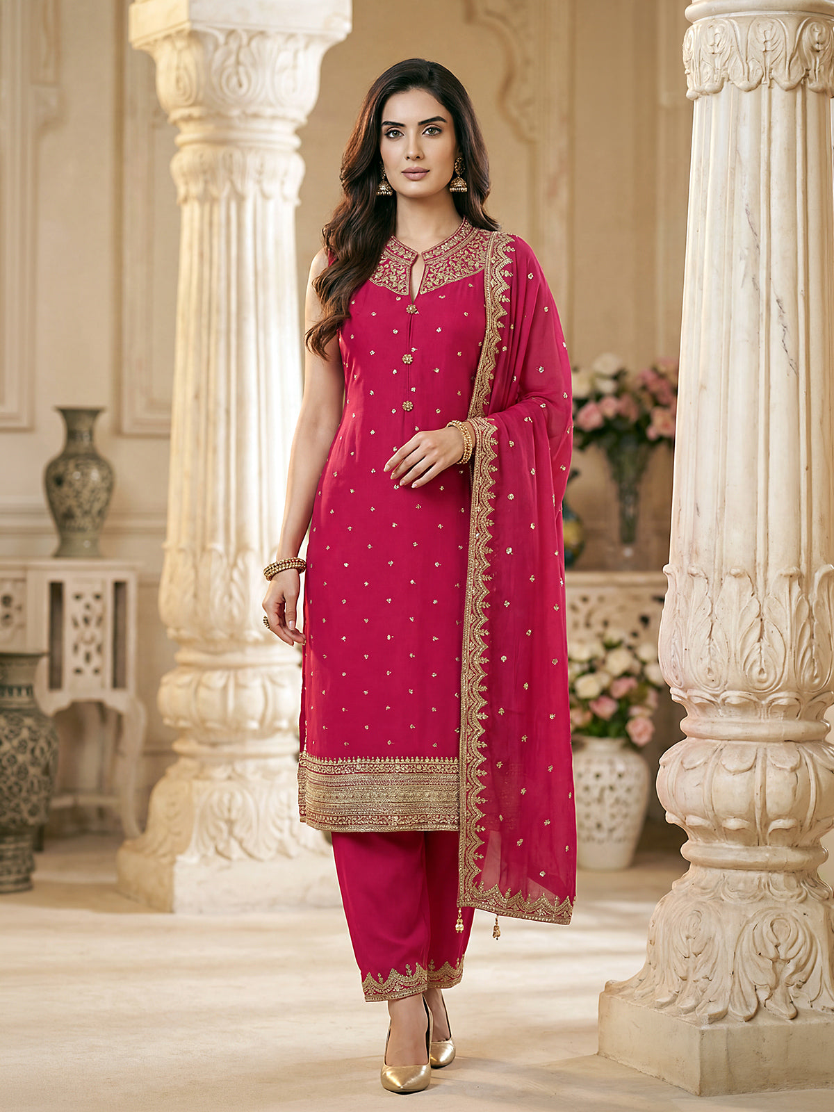 Rani pink sleeveless chanderi silk designer festive wear