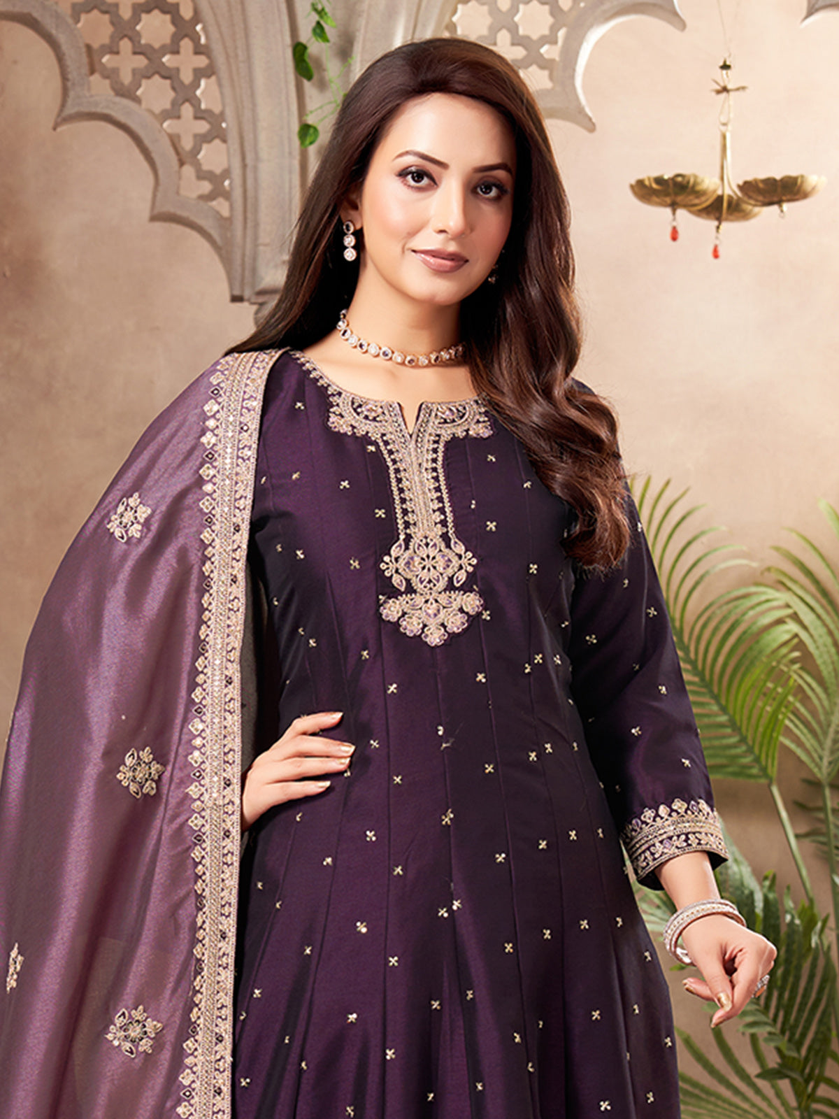 Purple chinon silk regal embellished festive anarkali suit