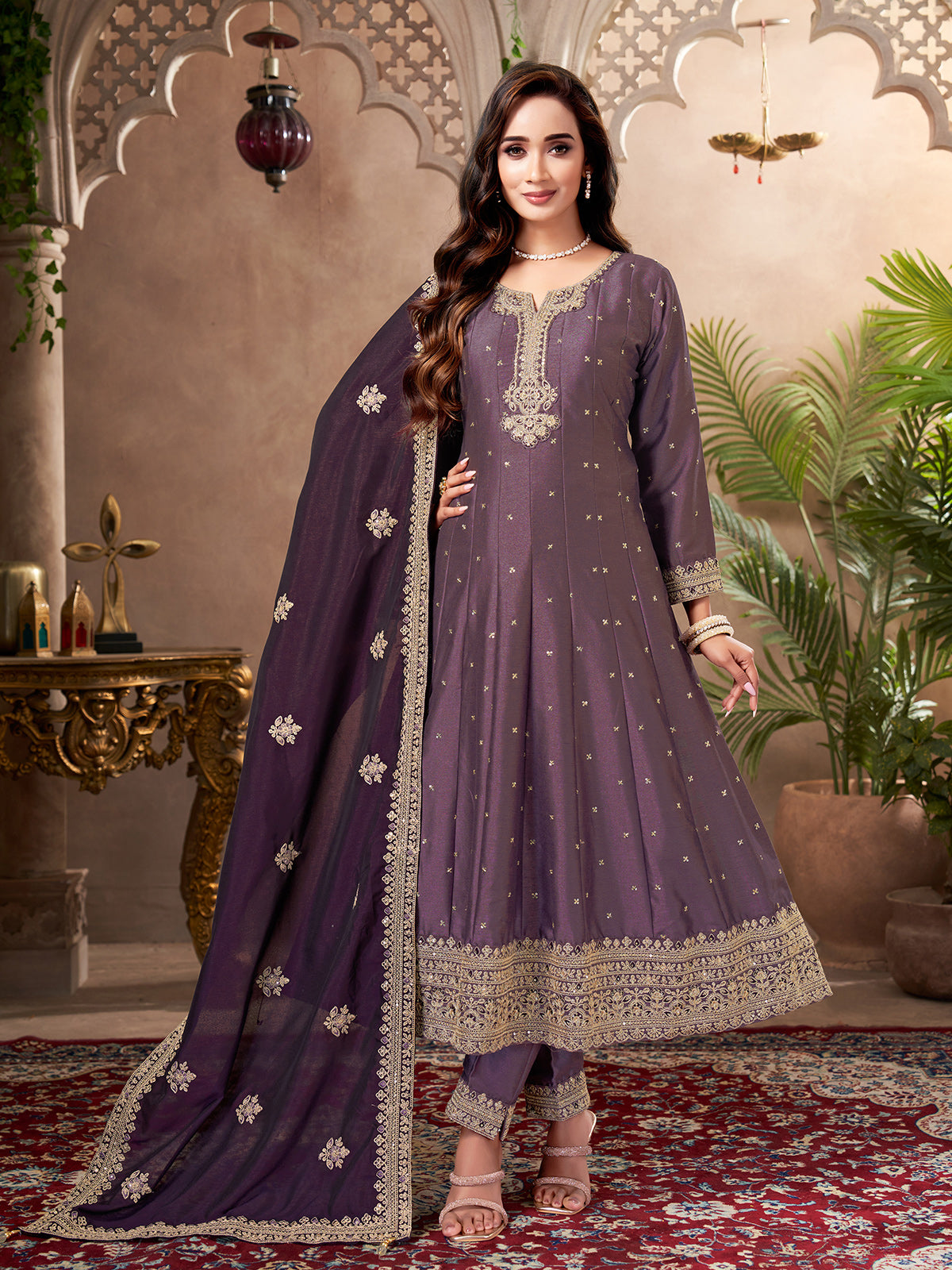 Mauve purple chinon silk festive embroidered anarkali suit