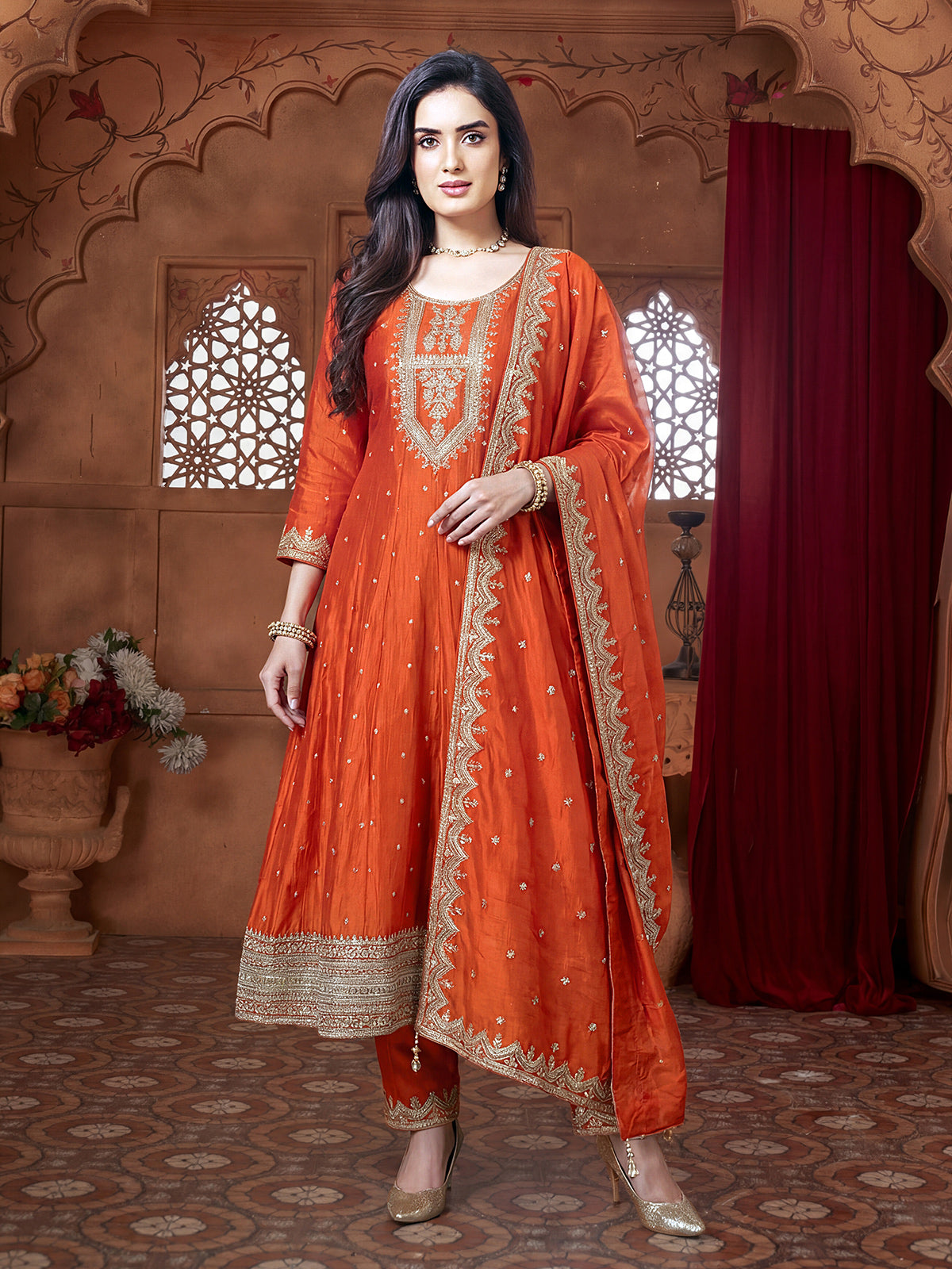 Orange chanderi silk festive embroidered traditional anarkali suit