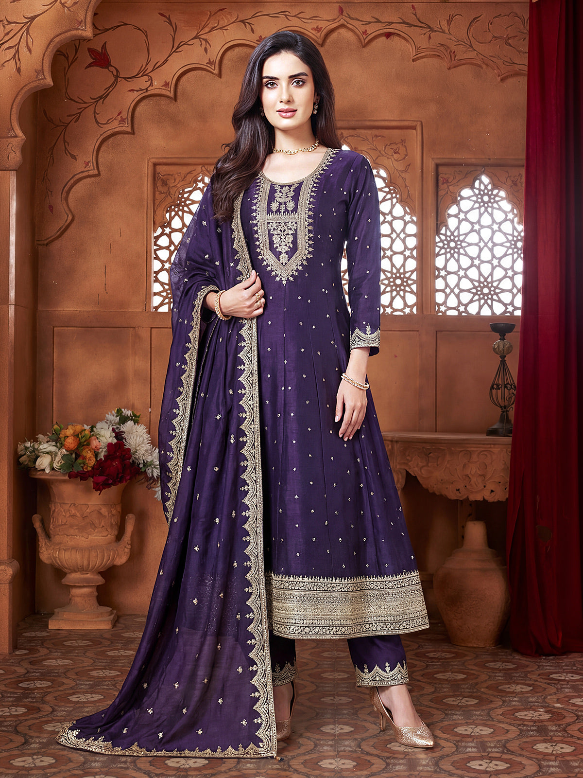Purple chanderi silk regal embroidered festive anarkali suit
