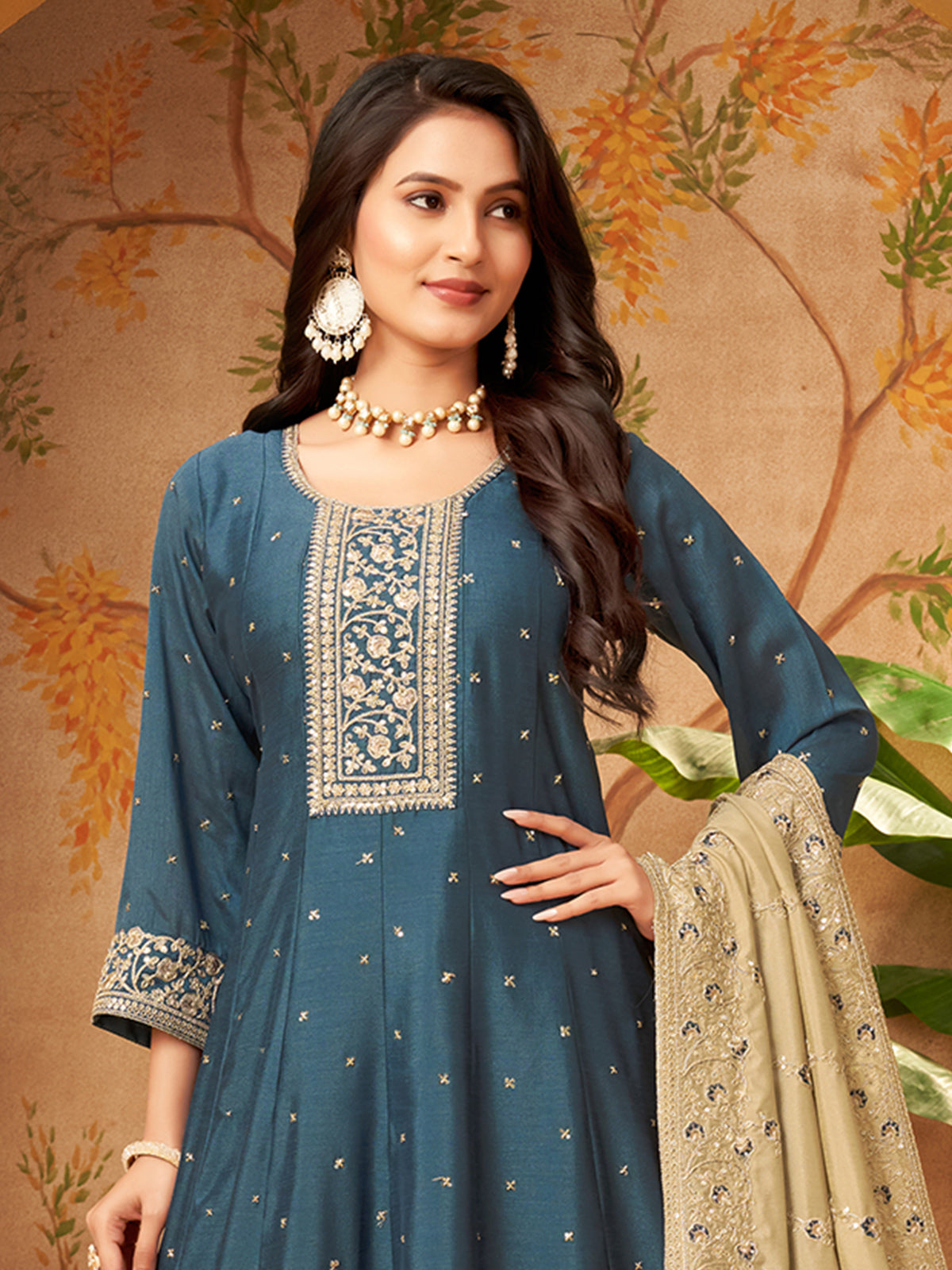 Teal blue slub silk elegant embroidered anarkali suit