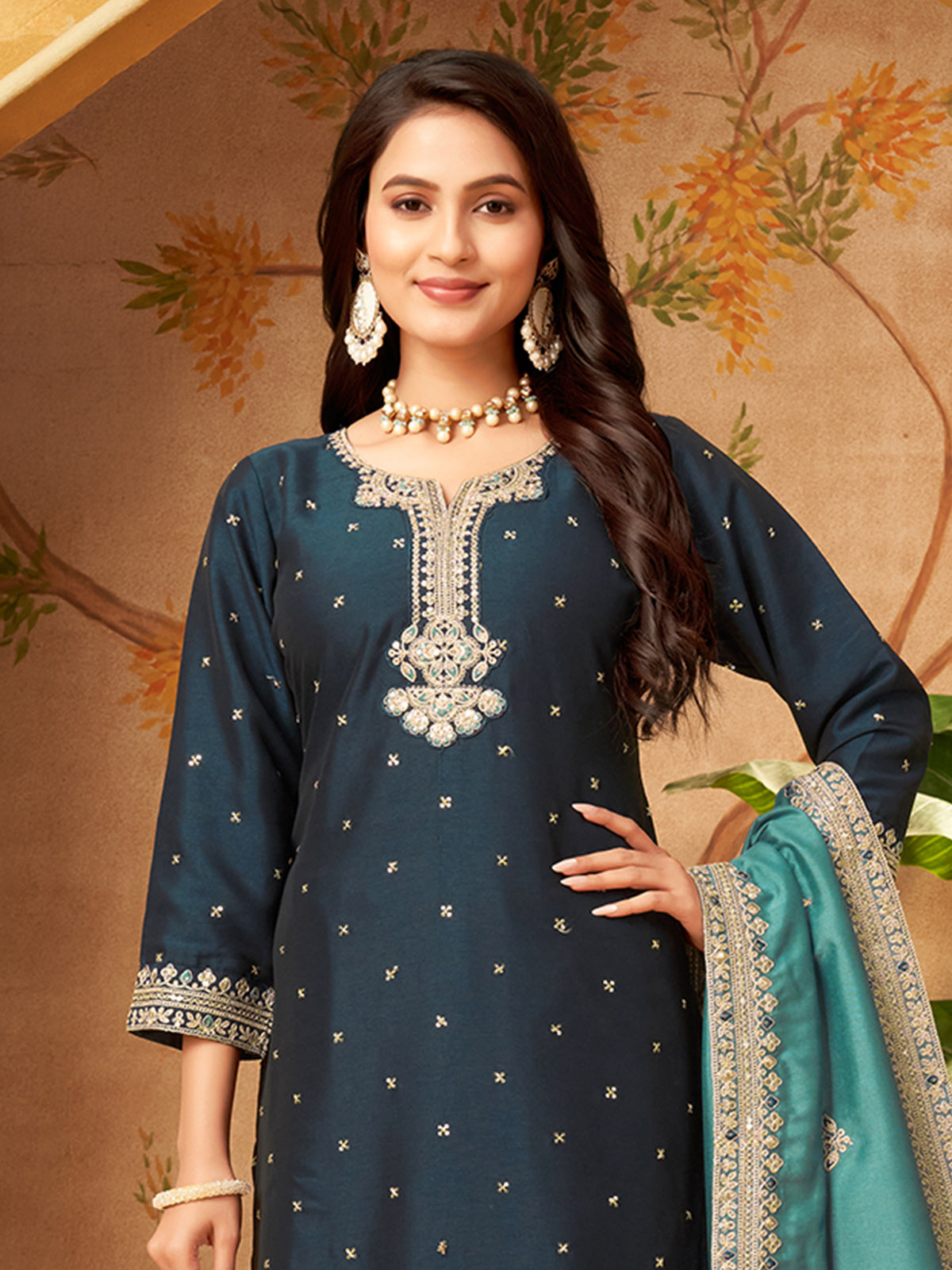 Blue silk royal embroidered straight cut festive salwar suit