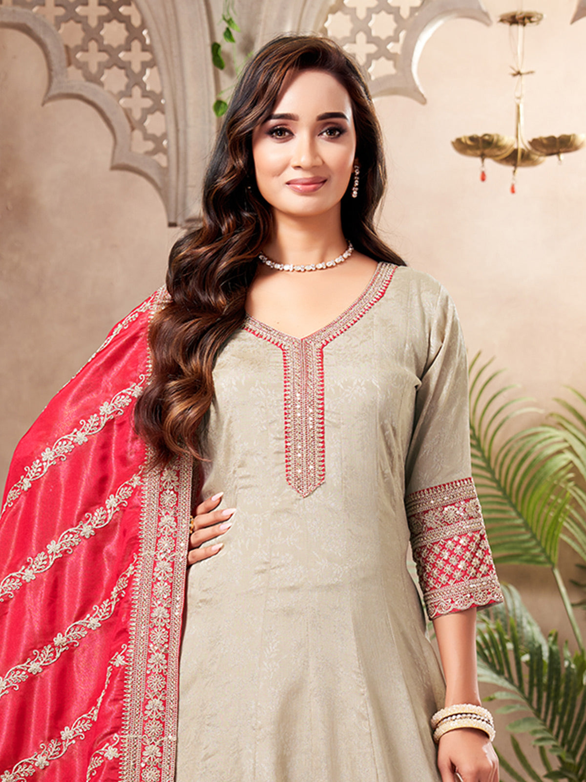 Grey silk regal flared embroidered festive anarkali suit