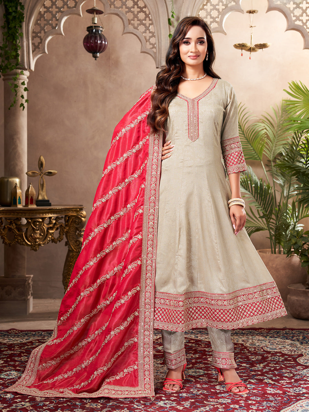 Grey silk regal flared embroidered festive anarkali suit