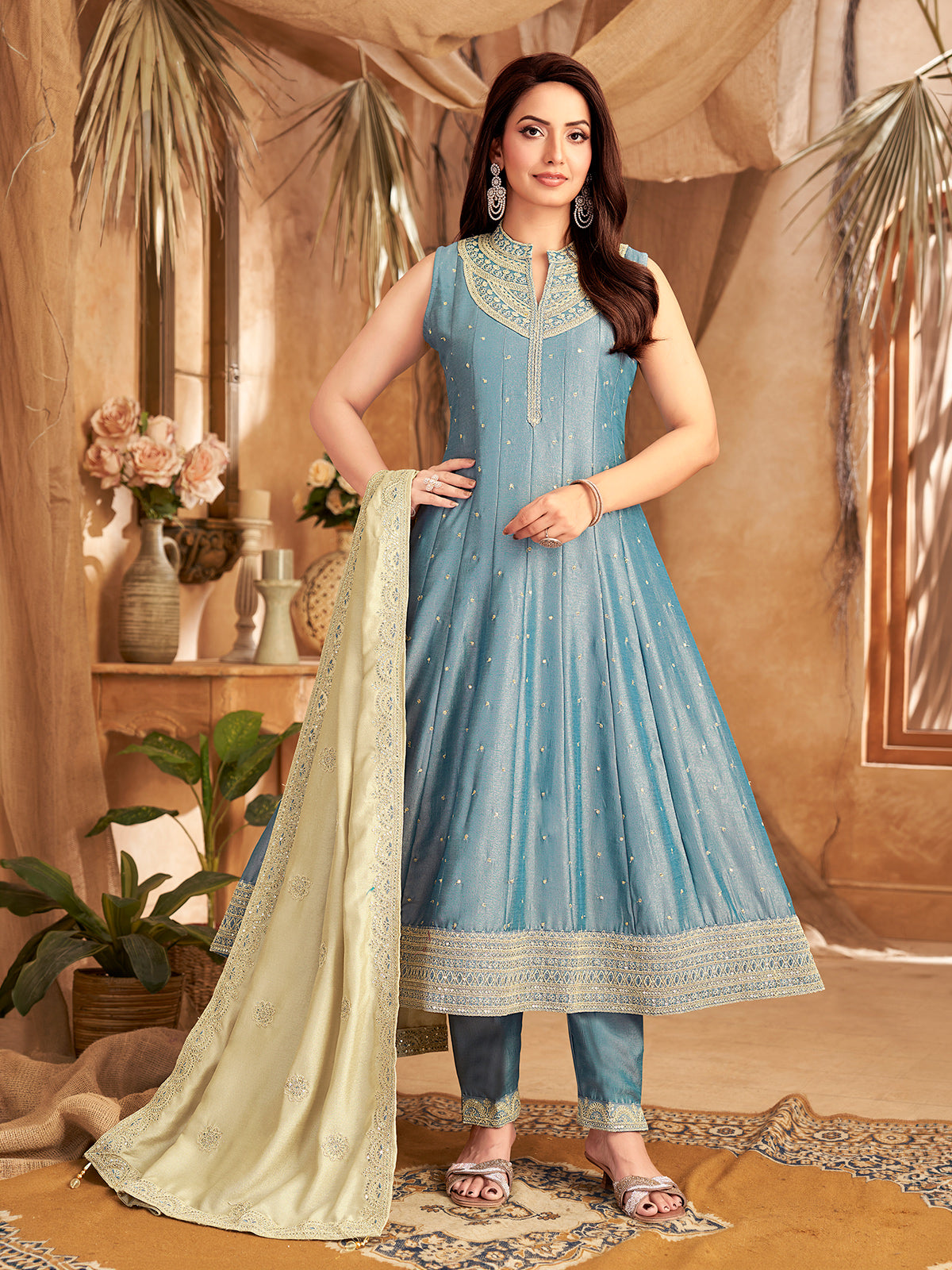 Slate blue slub silk sleeveless embroidered anarkali suit