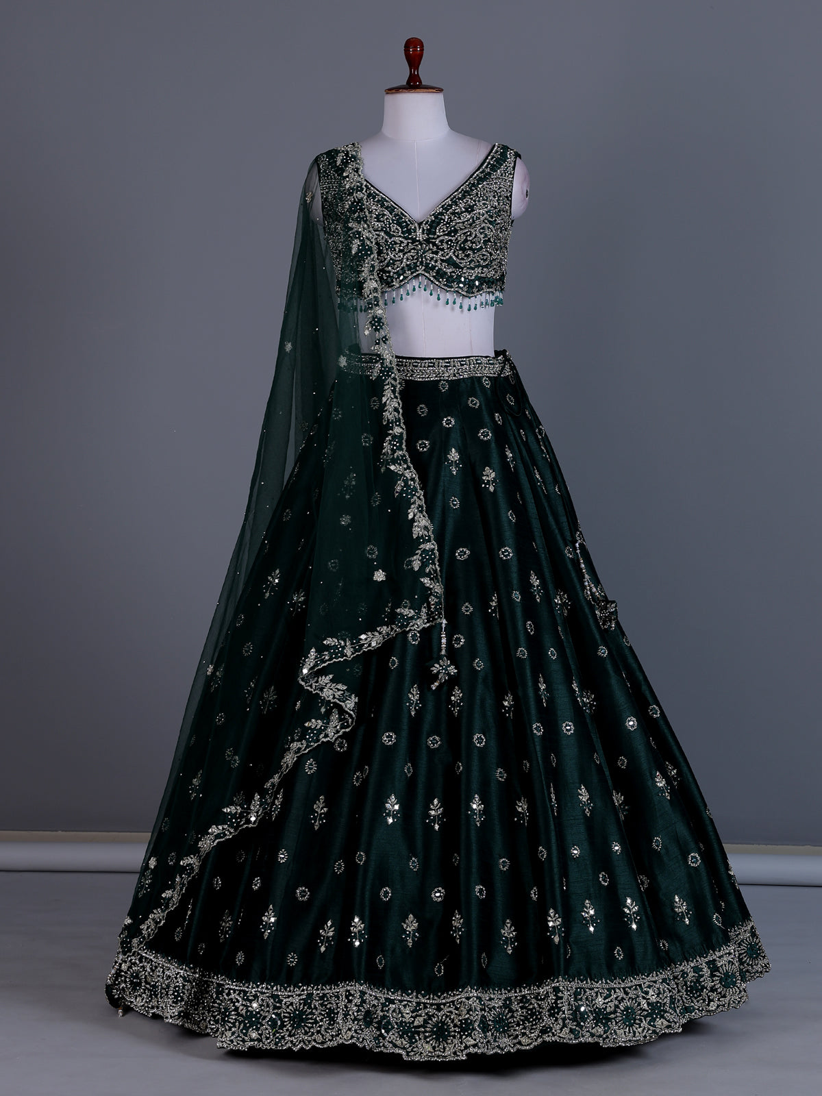Bottle green raw silk designer lehenga choli