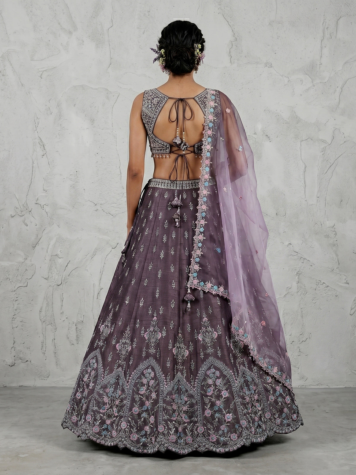 Purple raw silk floral motif lehenga choli design