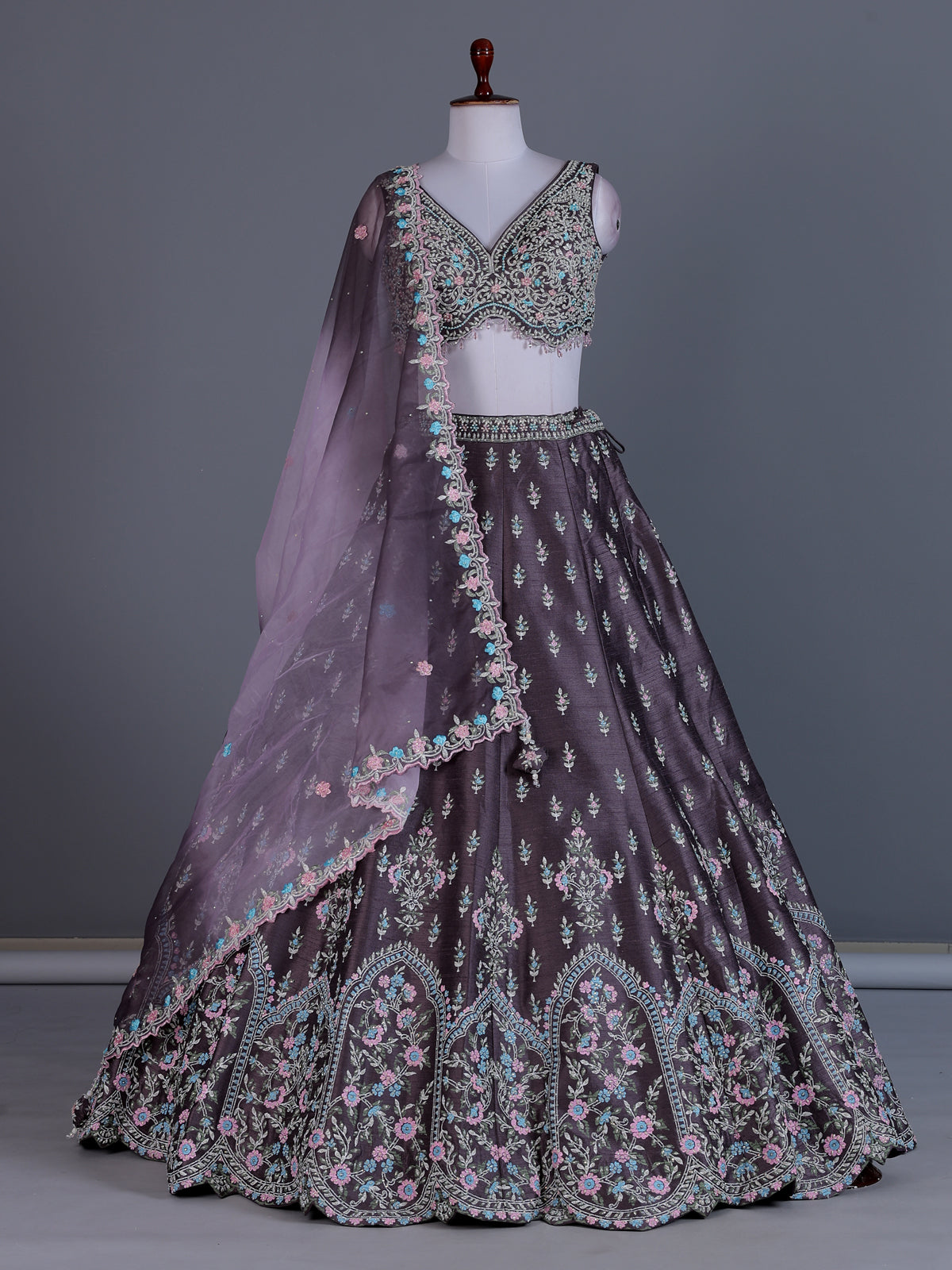 Purple raw silk floral motif lehenga choli design