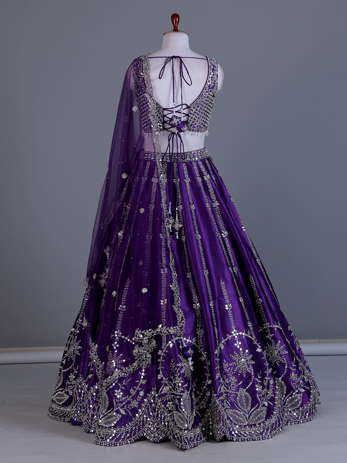 Violet raw silk embroidered lehenga choli with dupatta