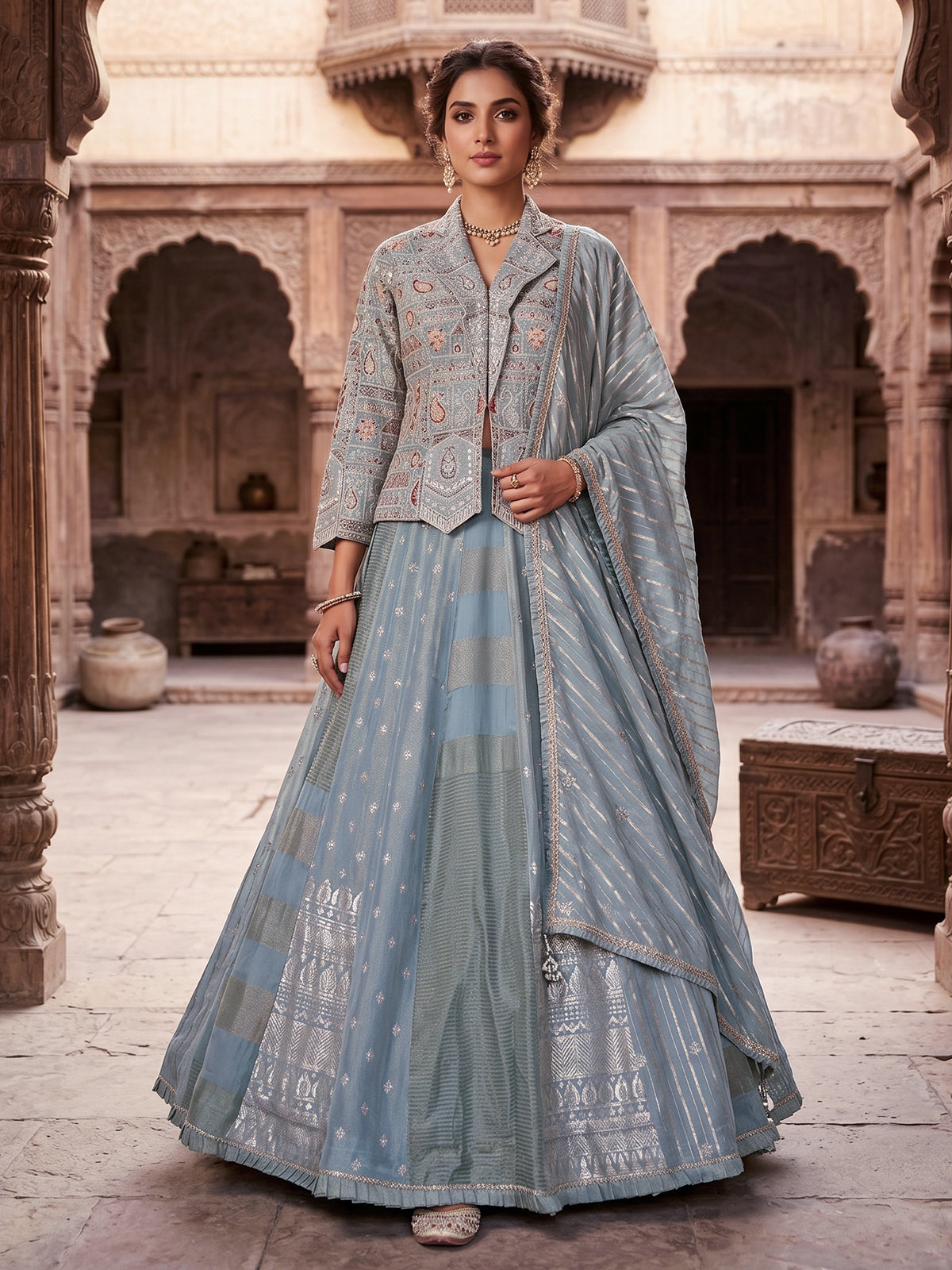 Pastel sky blue silk designer lehenga choli with dupatta