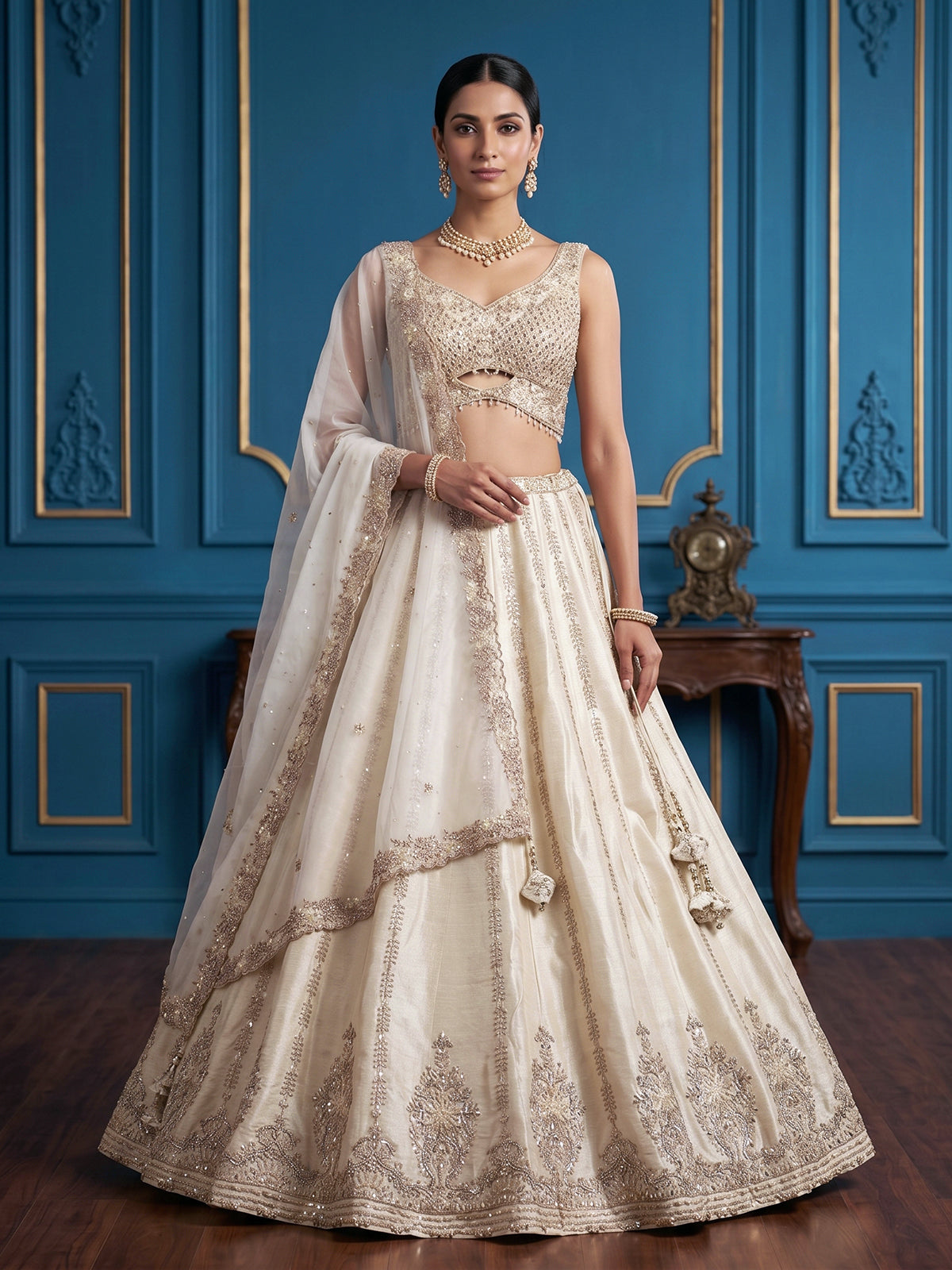 Cream raw silk designer lehenga choli with dupatta