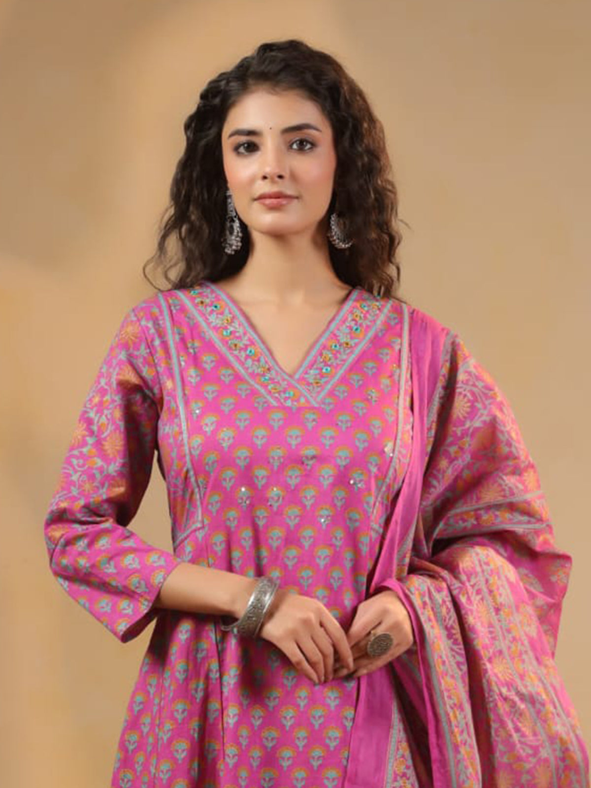 Pink anarkali kurti set with aabla work elegance