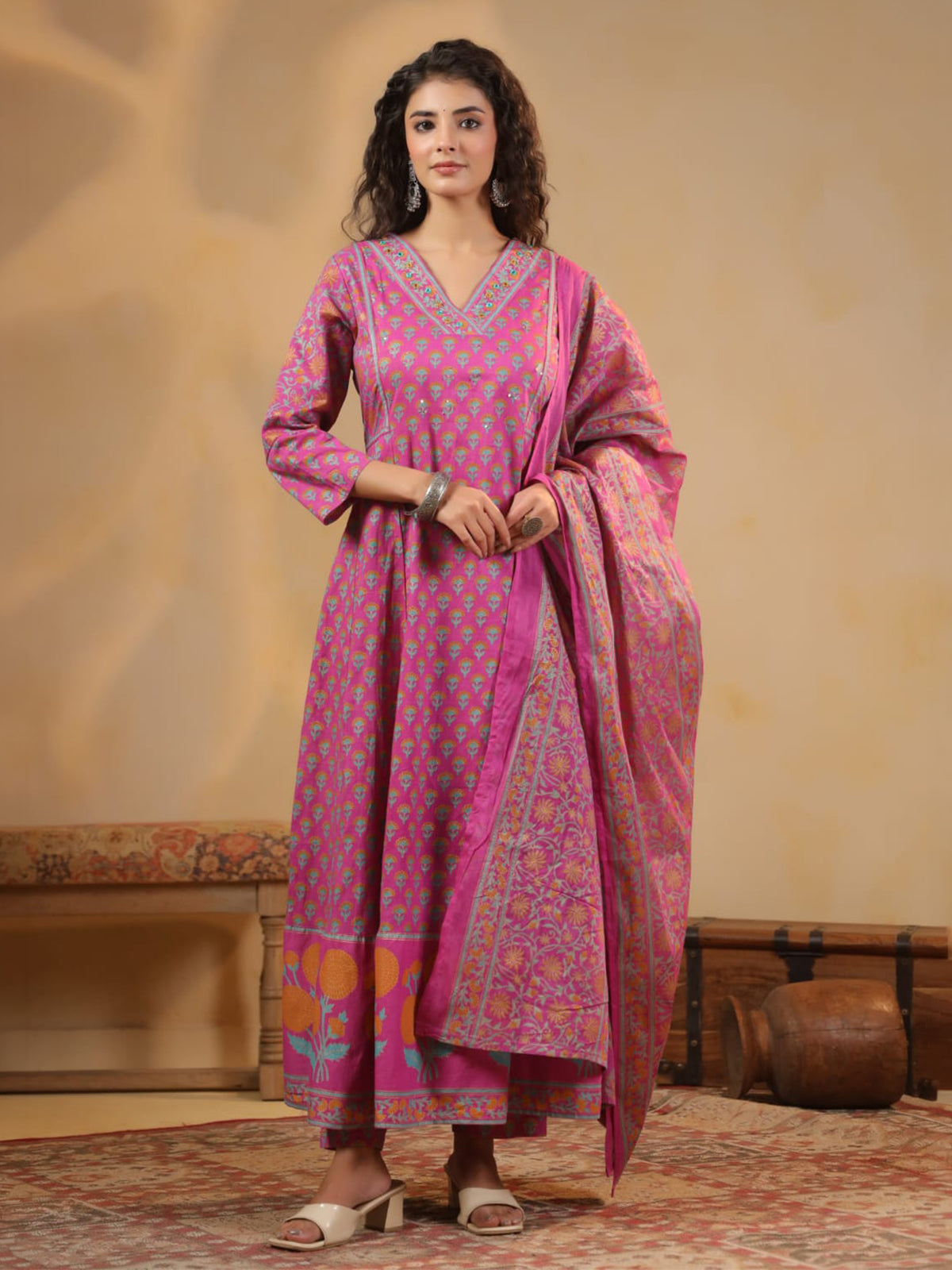 Pink anarkali kurti set with aabla work elegance