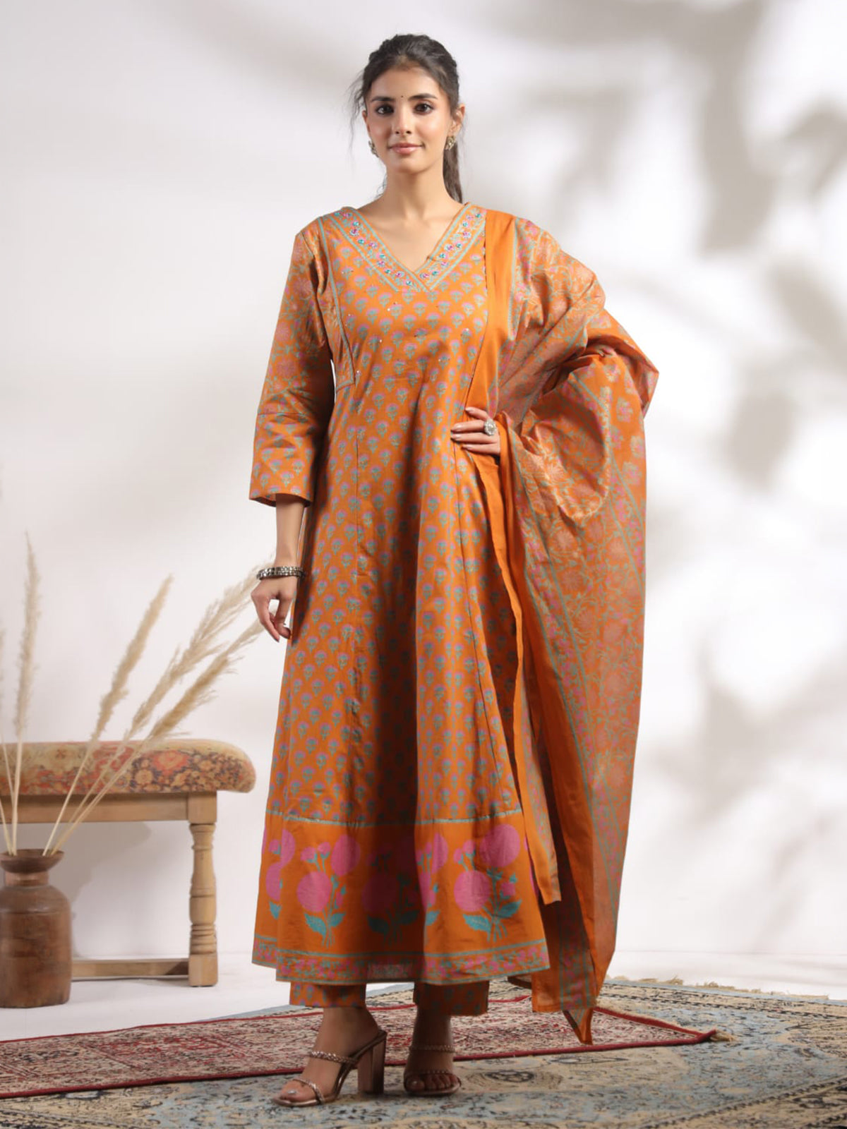 Orange anarkali kurti set with aabla embellishments design