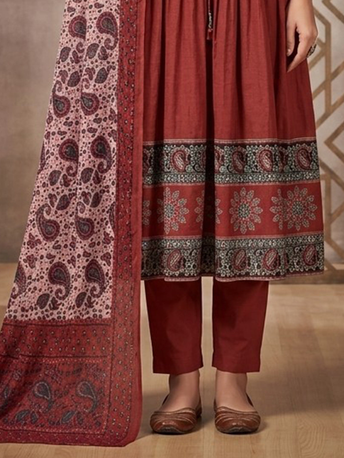 Brown printed anarkali kurti set with stylish dupatta