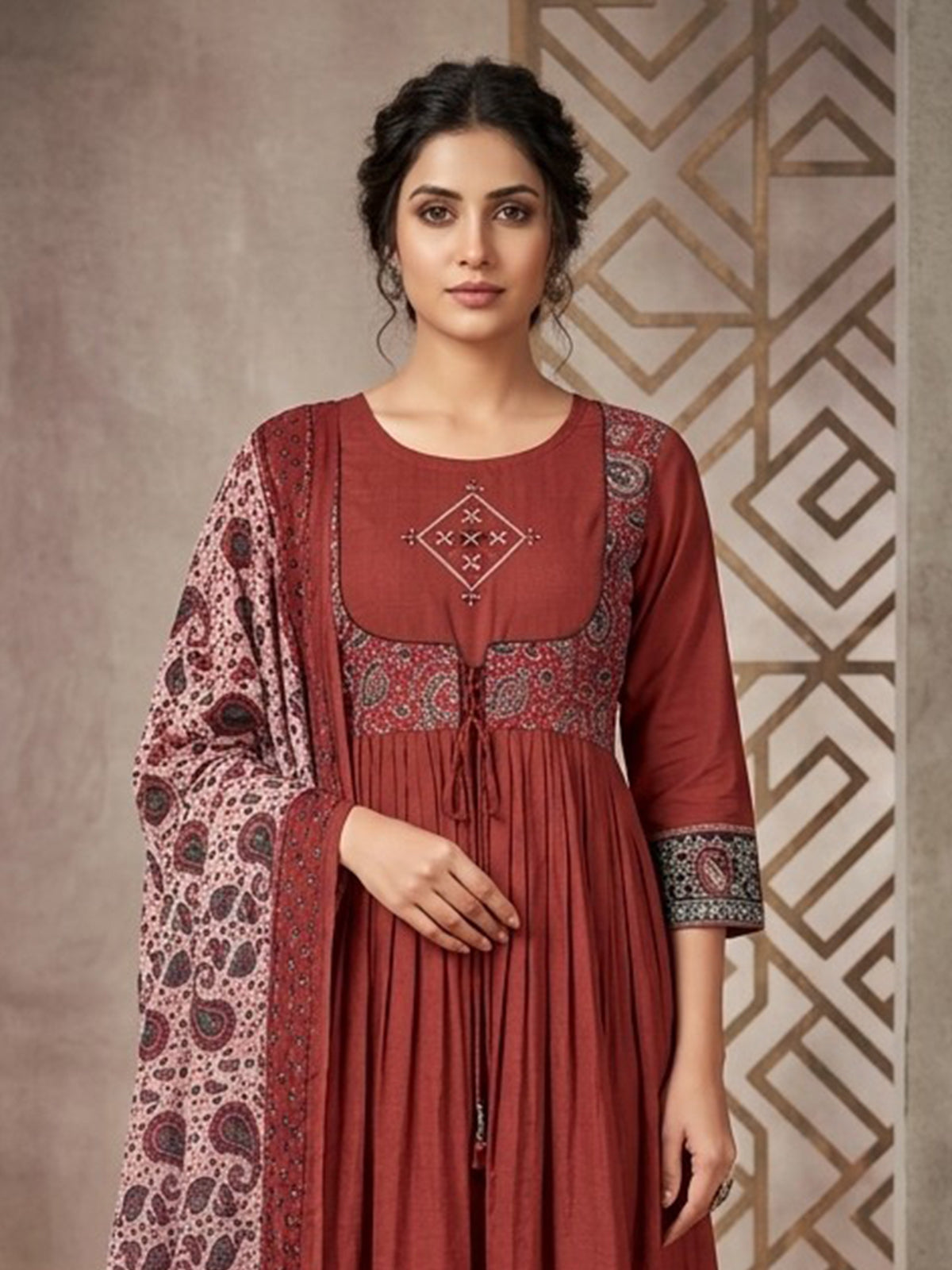 Brown printed anarkali kurti set with stylish dupatta