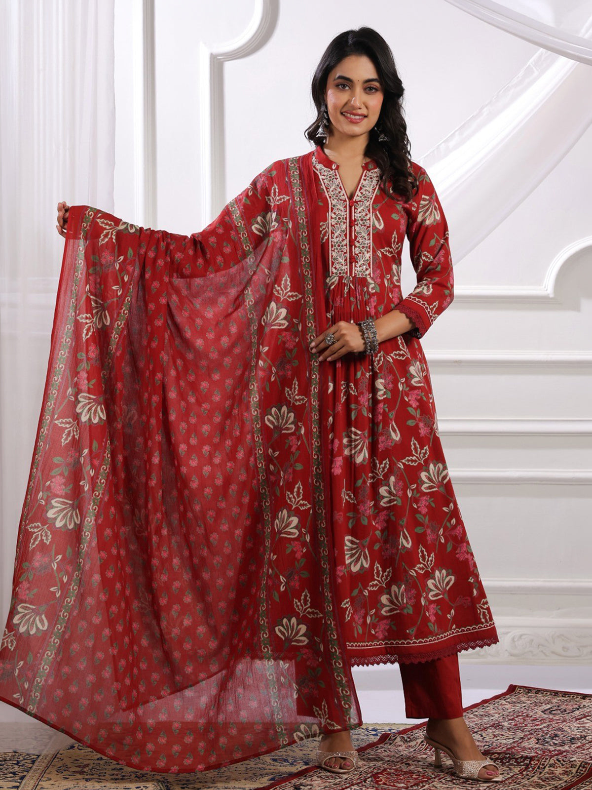 Maroon silk embroidered kurti set with floral dupatta