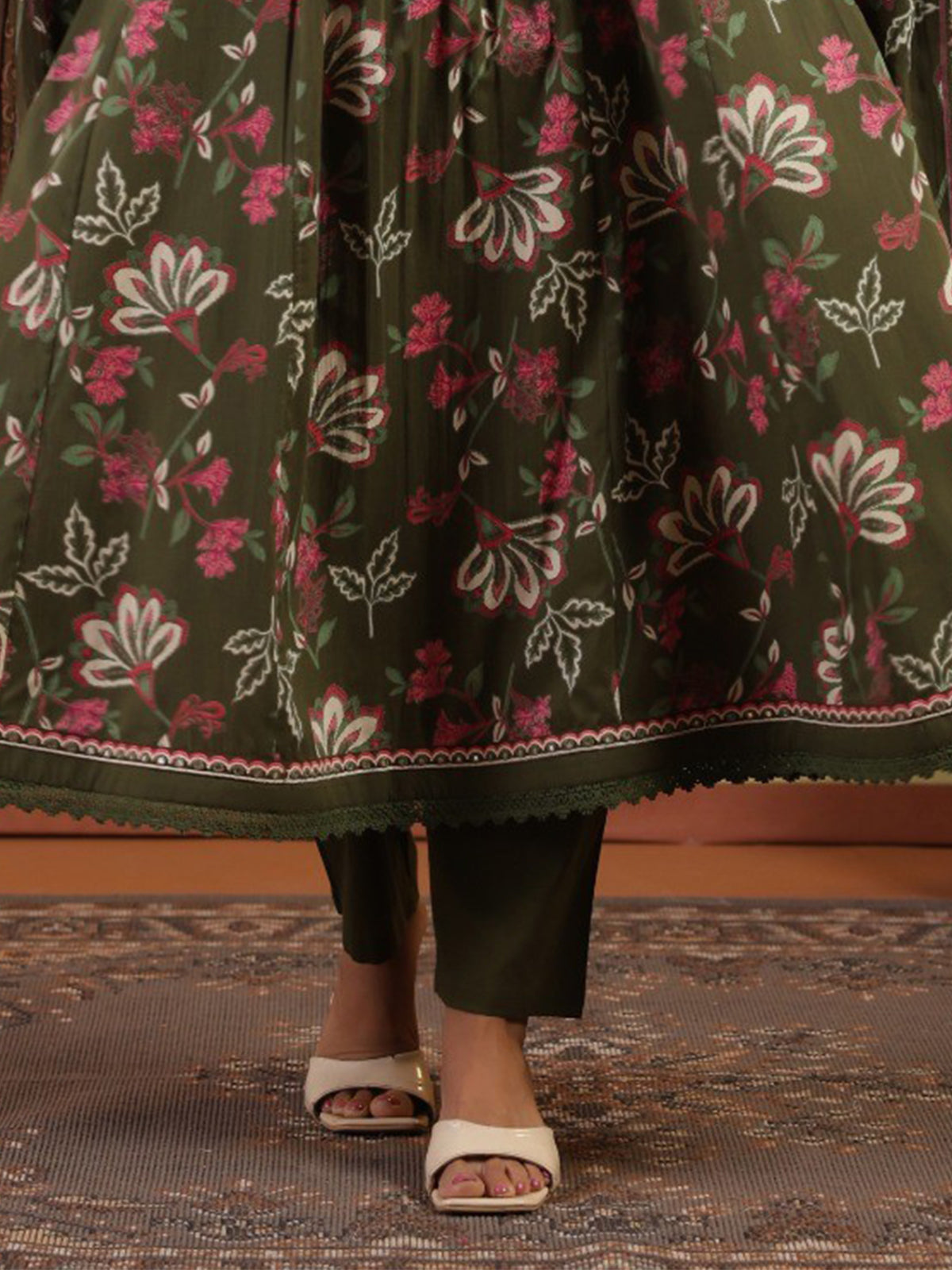 Mehendi green silk kurti set with floral dupatta elegance