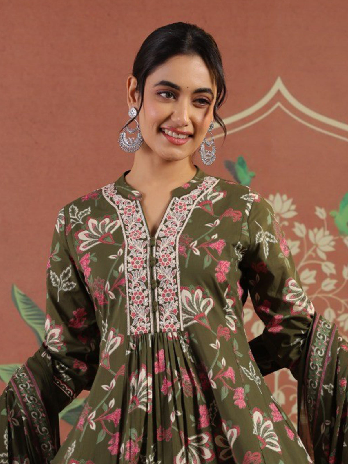 Mehendi green silk kurti set with floral dupatta elegance