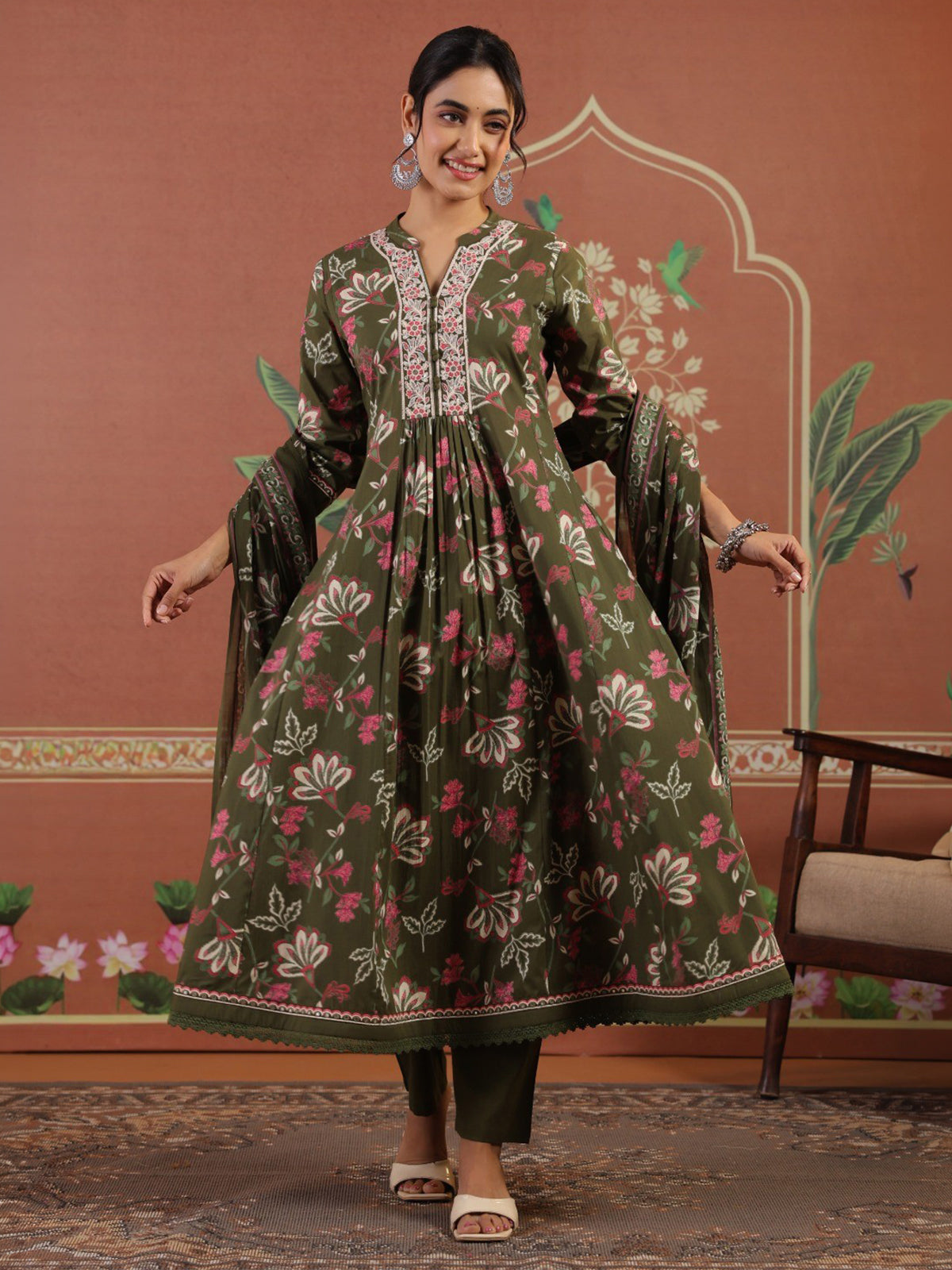 Mehendi green silk kurti set with floral dupatta elegance