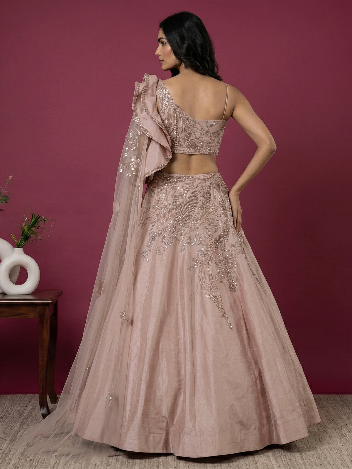 Peach raw silk and net lehenga choli design