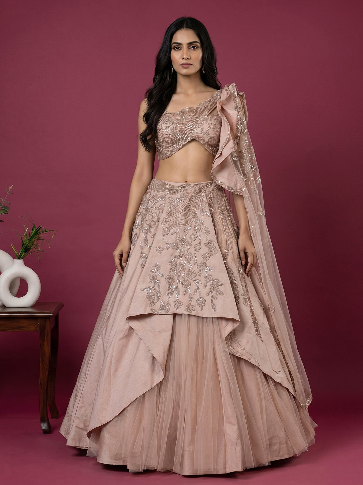 Peach raw silk and net lehenga choli design