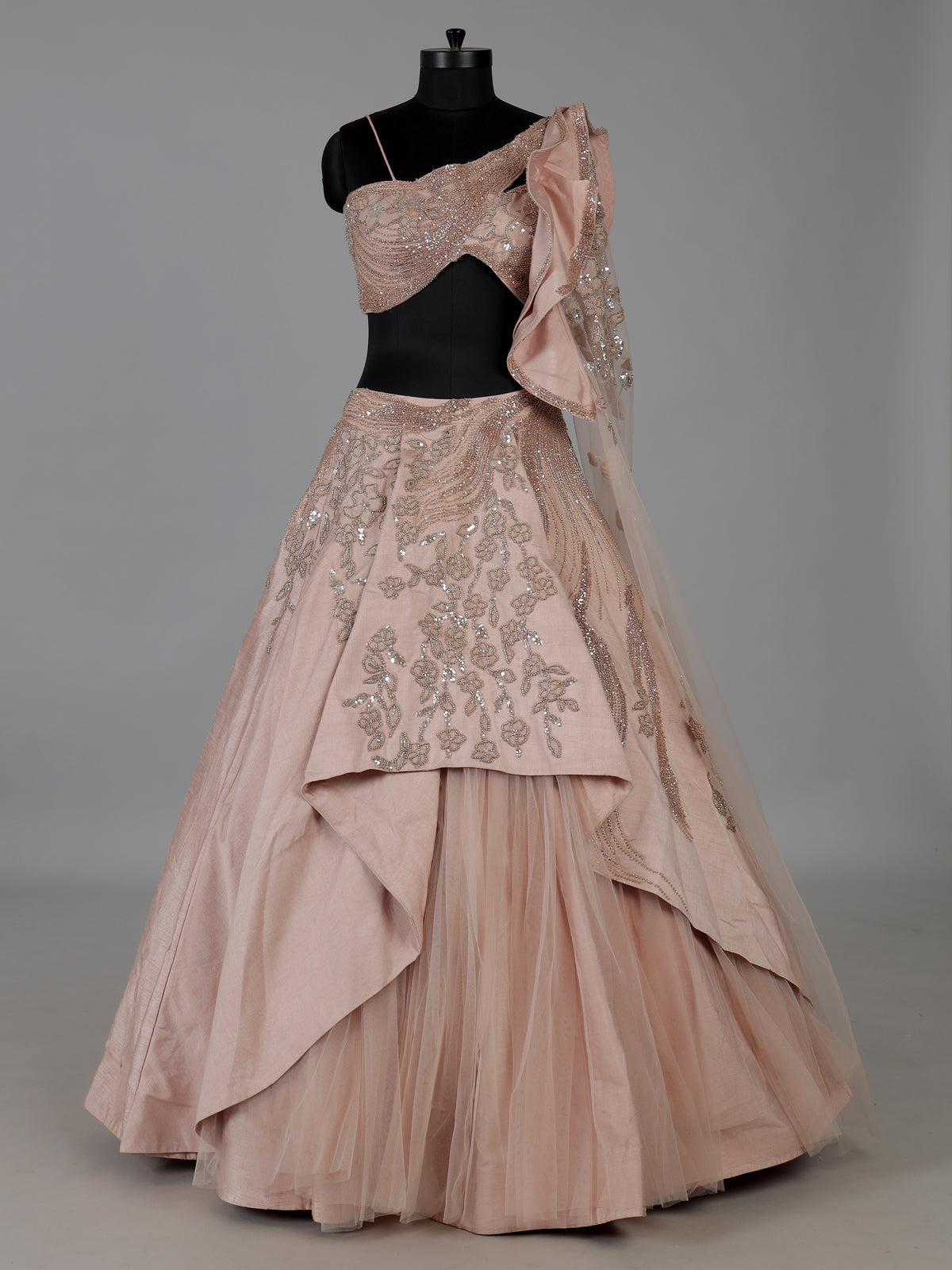 Peach raw silk and net lehenga choli design