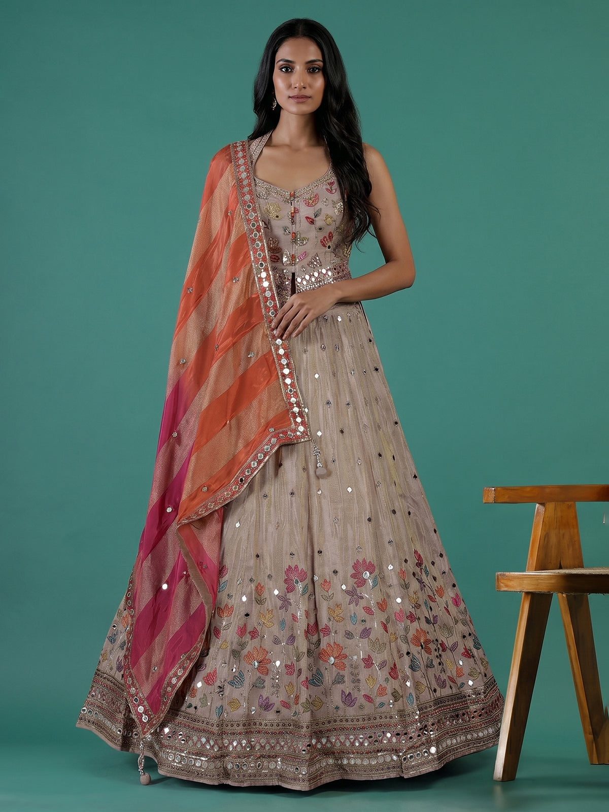 Onion pink silk halter neck lehenga choli