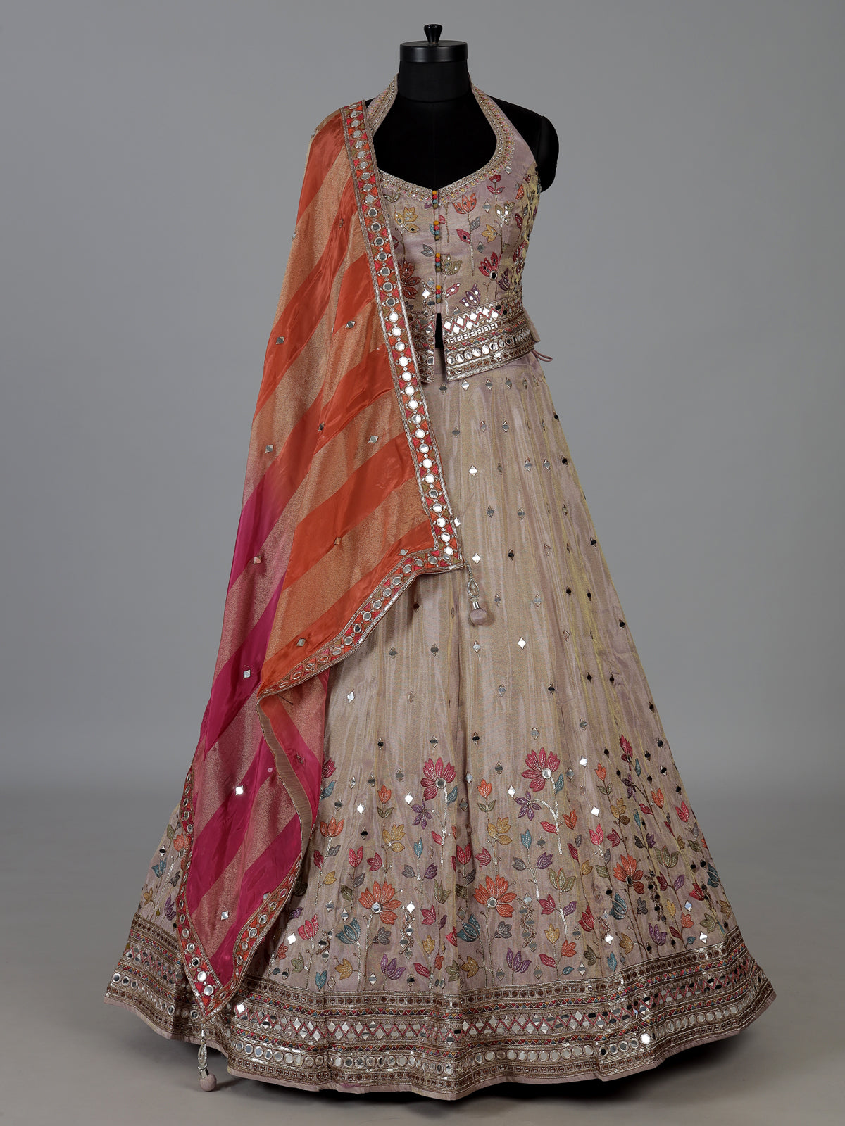 Onion pink silk halter neck lehenga choli
