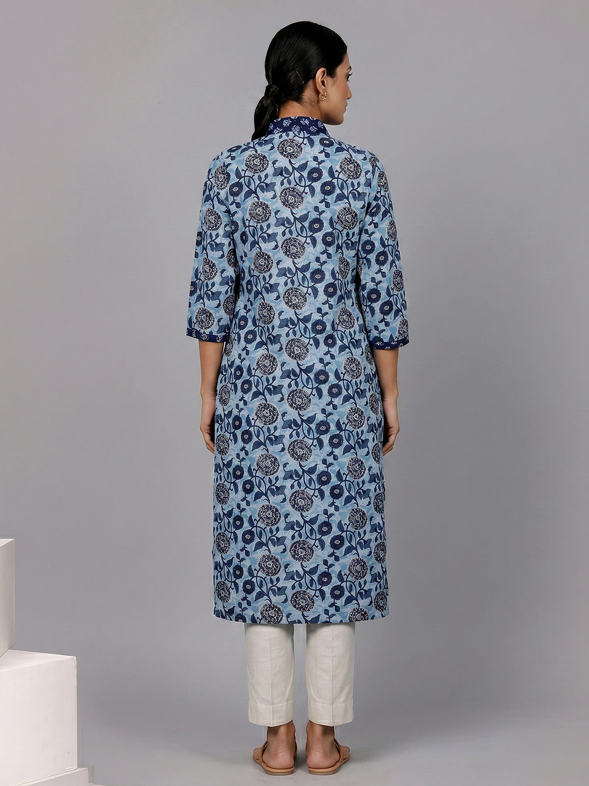Blue floral printed silk casual kurti with V neck