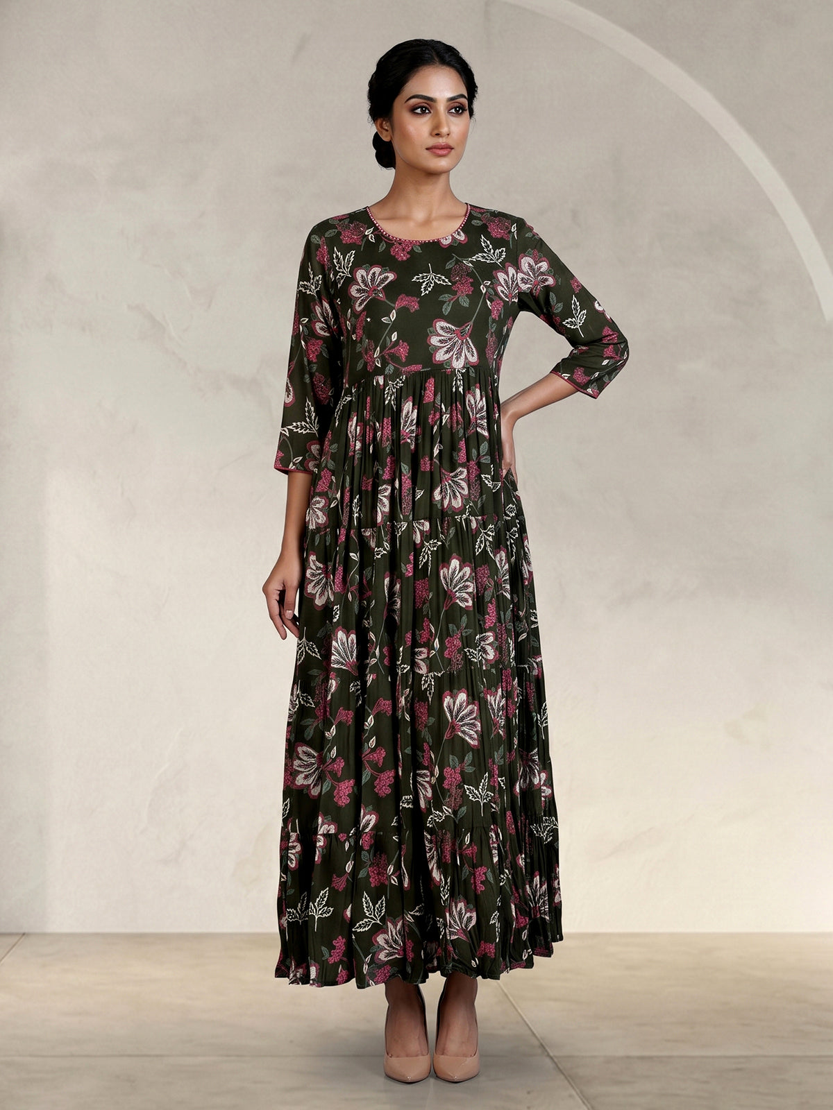 Mehendi green floral printed cotton silk casual kurti