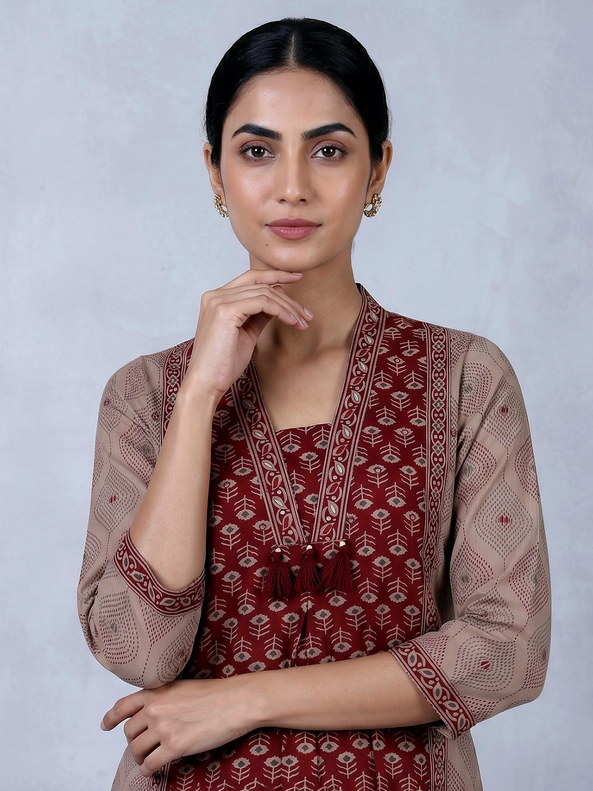 Maroon printed cotton festive palazzo kurti set design