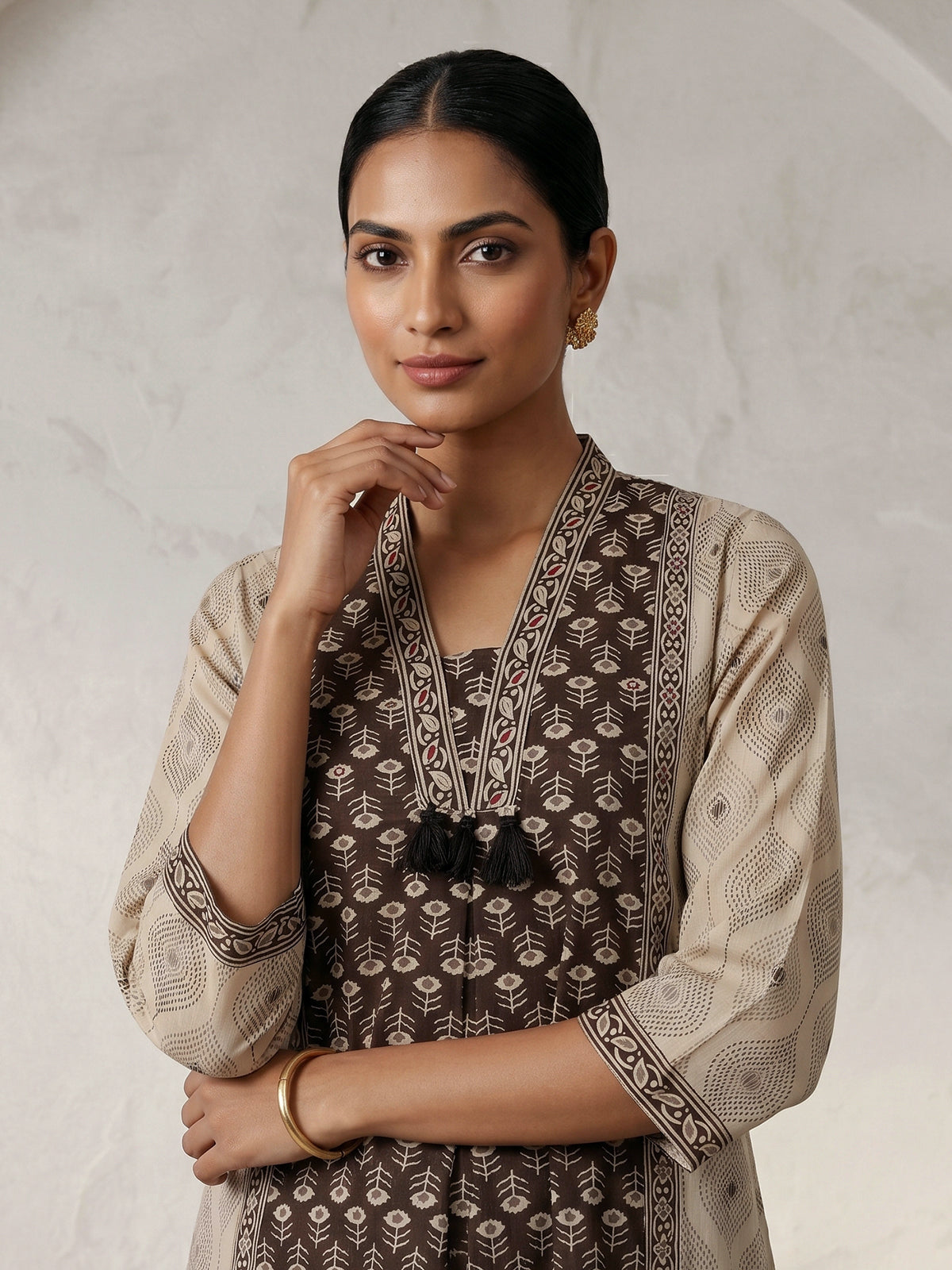 Brown printed cotton palazzo kurti set with dupatta
