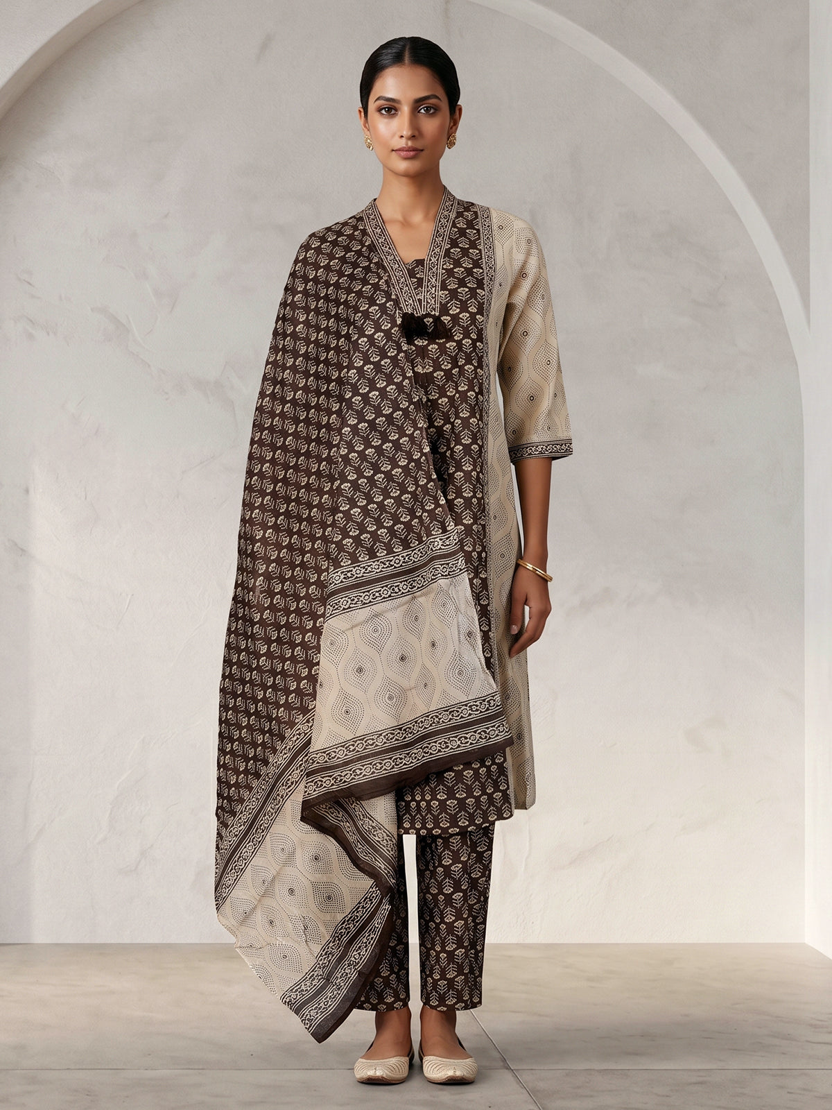 Brown printed cotton palazzo kurti set with dupatta