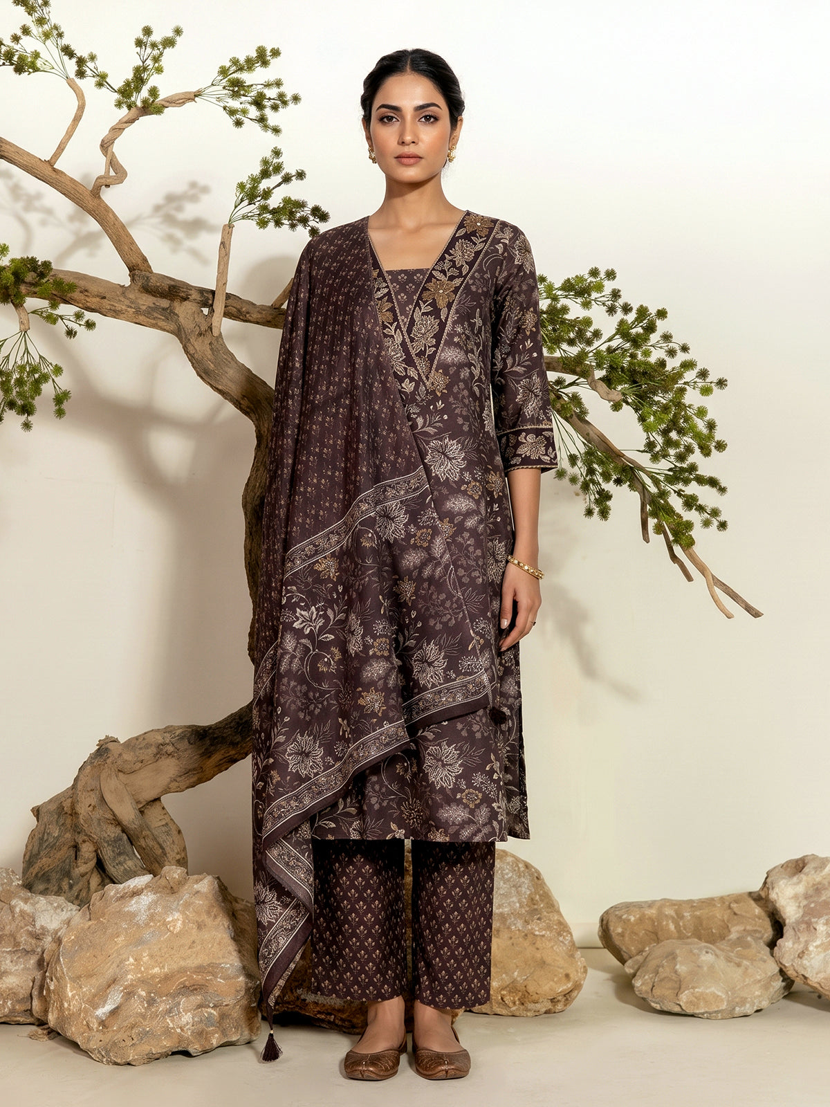Grey cotton silk floral printed kurti set with dupatta