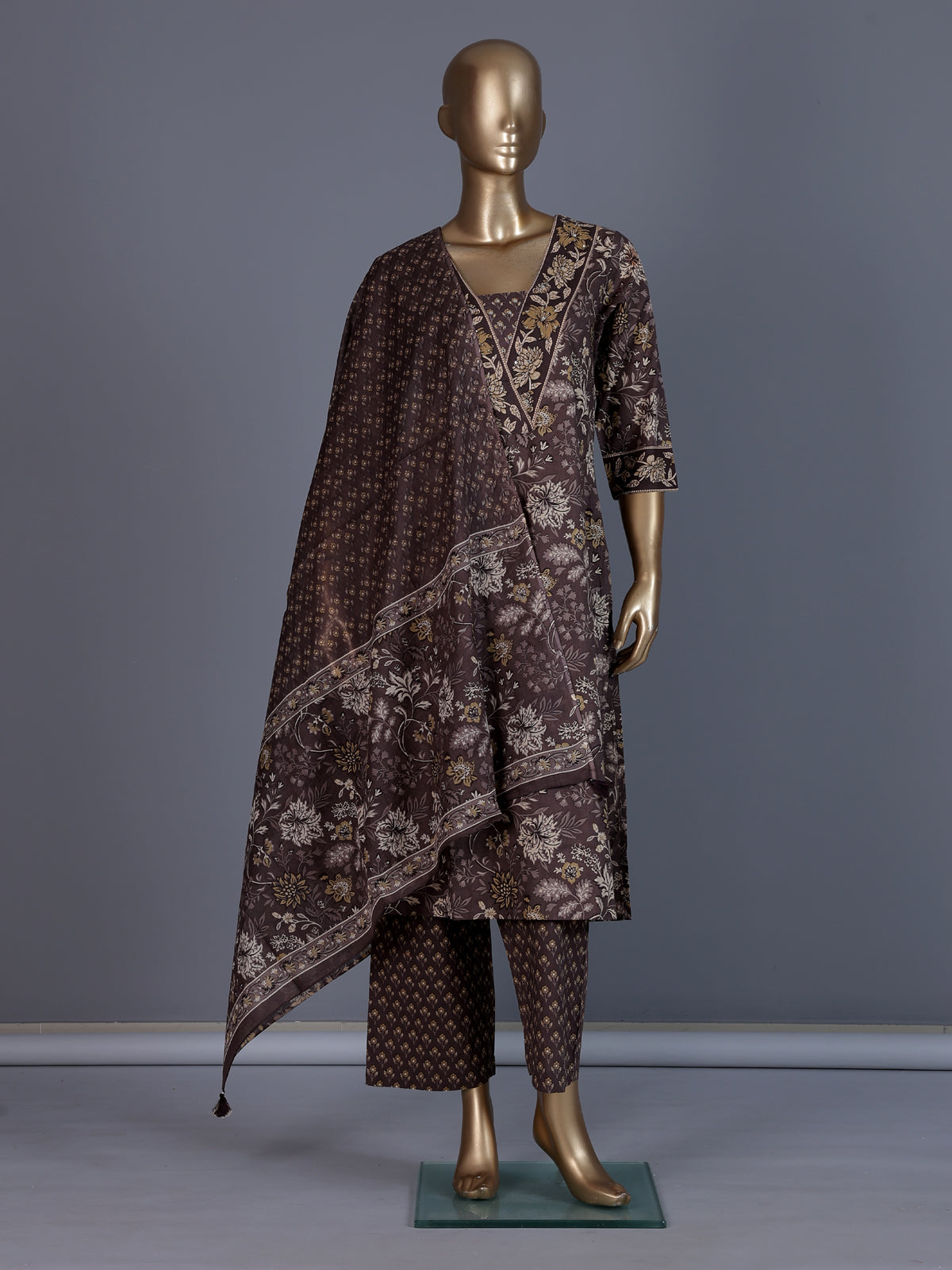 Grey cotton silk floral printed kurti set with dupatta