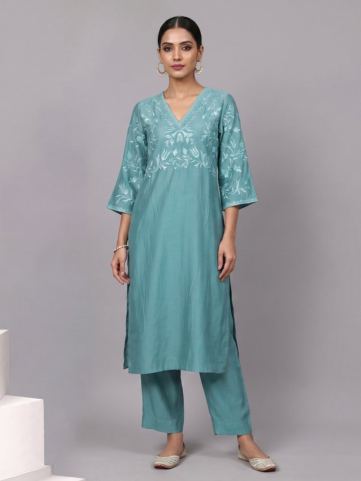 Sky blue silk bodice style kurti set