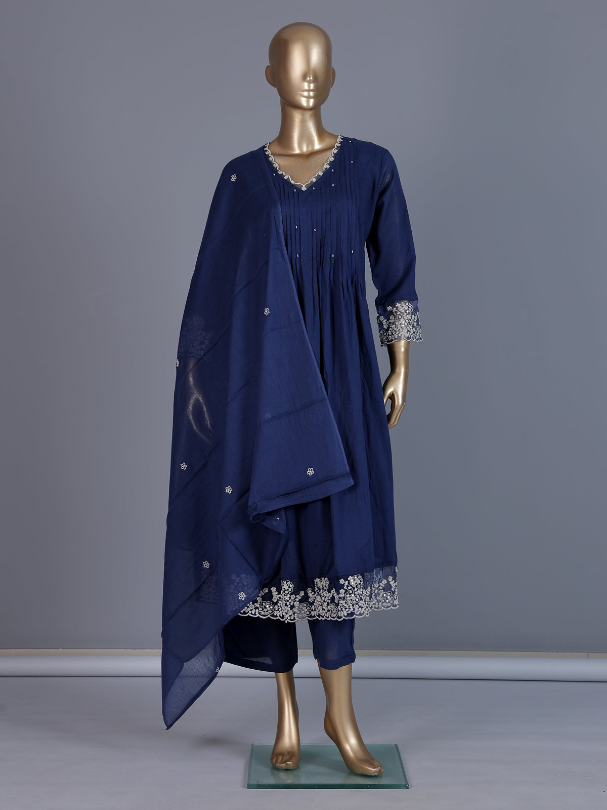 Blue cotton embroidered festive kurti set with dupatta